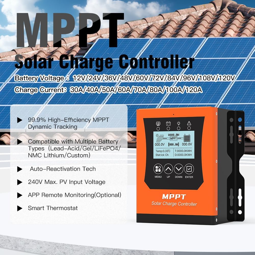 60a Mppt Solar Charge Controller 12V/24V/48v/60V/96V/120V,Solar Panel Controller for Lifepo4/Lithium/Gel/Rv Battery (Max Input 240V,60amp)