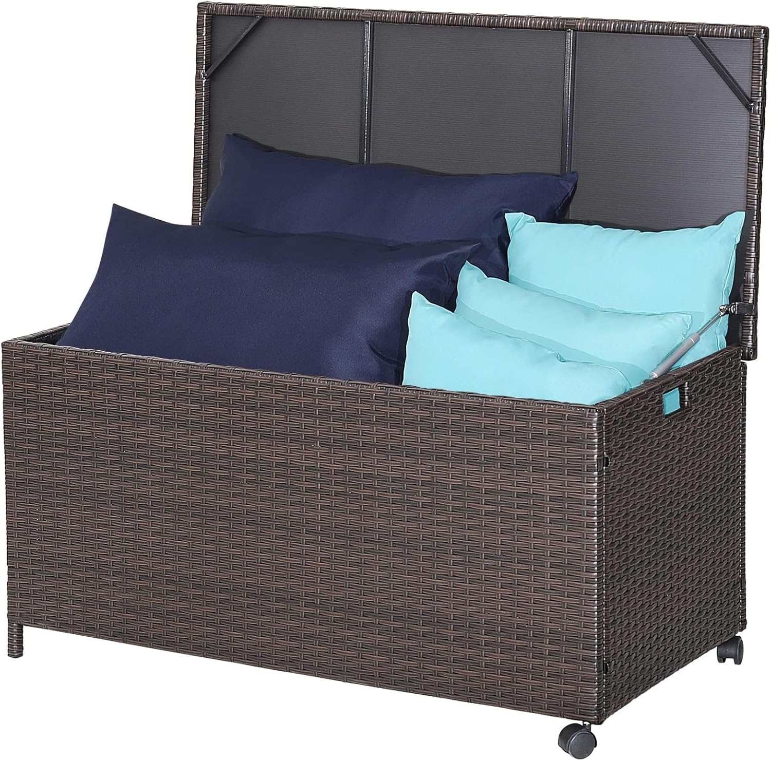 HAPPYGRILL 50 Gallon PE Wicker Deck Box, Outdoor Rattan Storage Box with Waterproof Liner and 2 Universal Wheels, Garden Furniture Container for Cushions Garden Tools