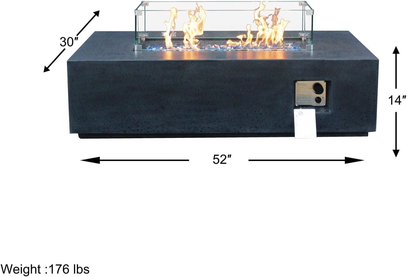 Penau 52 Inch Outdoor Concrete Propane Gas Fire Pit Table, 65000 BTUs, Dark Gray Color, Includes Glass Wind Guard and Waterproof Cover