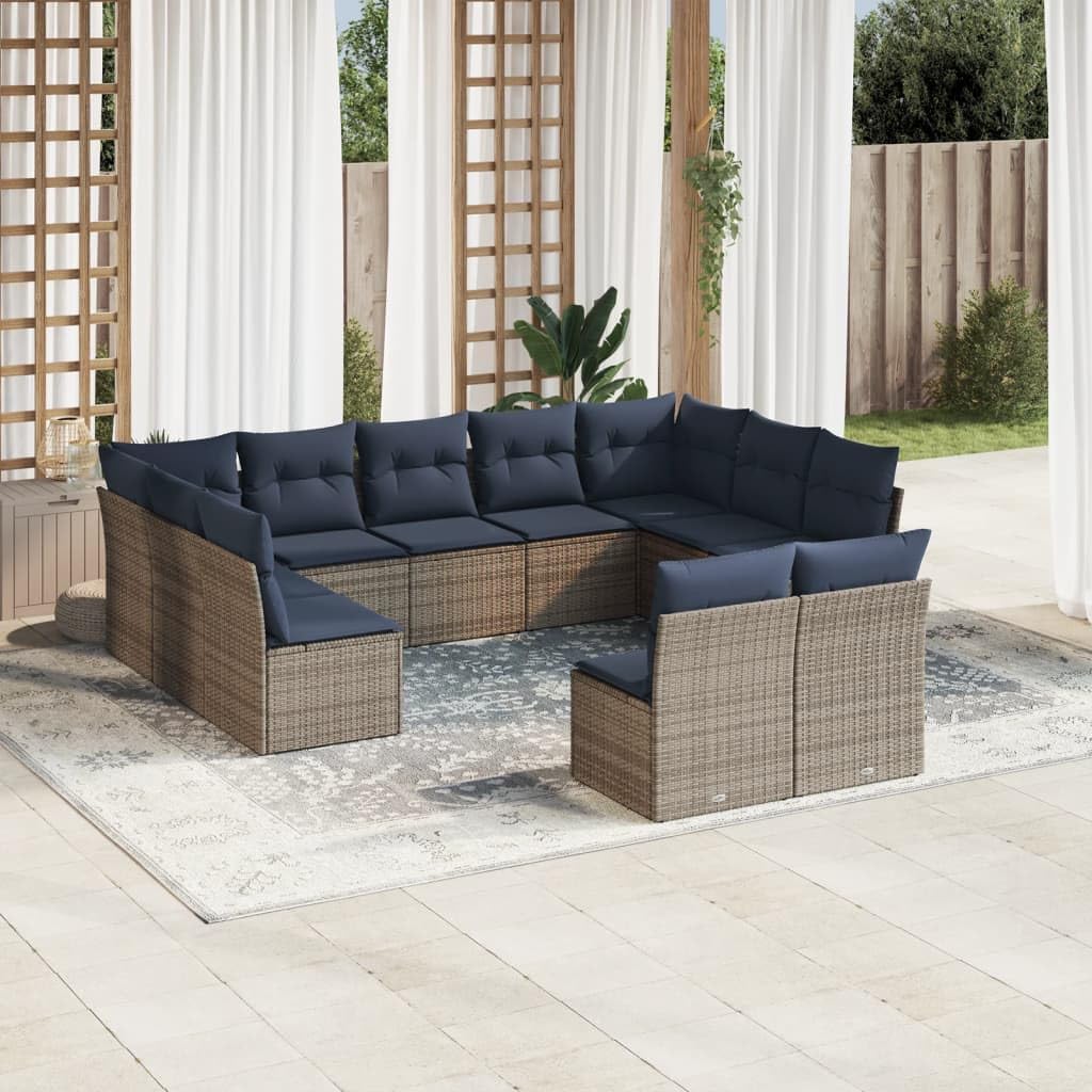 11 Piece Patio Sofa Set, Gray Poly Rattan Outdoor Furniture with Cushions, Modular Design for Backyard Terrace, Weather-Proof Garden Seating