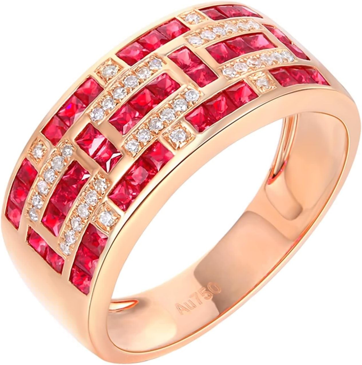 18K Rose Gold Rings, Women's Wedding Bands Lab Created Ruby Drill Row Rose Gold Ring with Moissanite for Bride