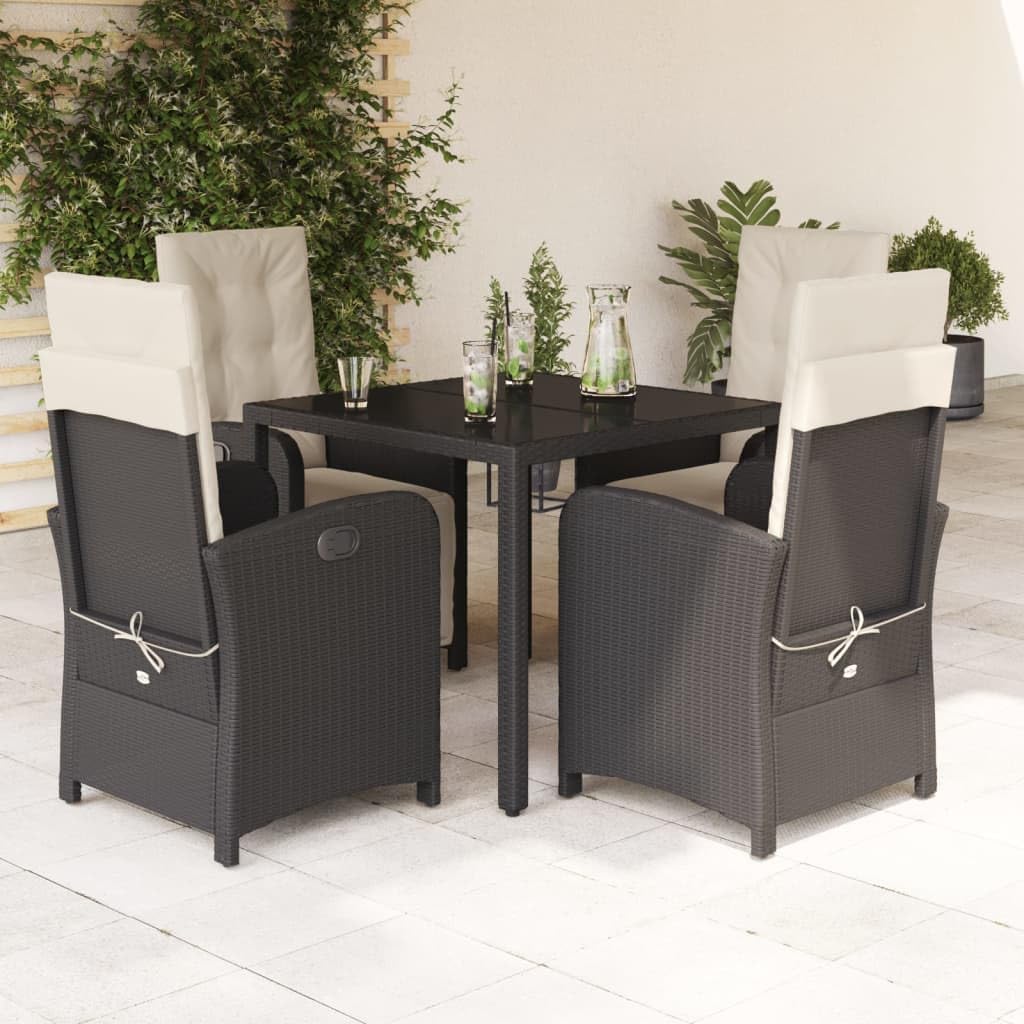 5 Piece Patio Dining Set with Cushions Black Poly Rattan Garden Furniture