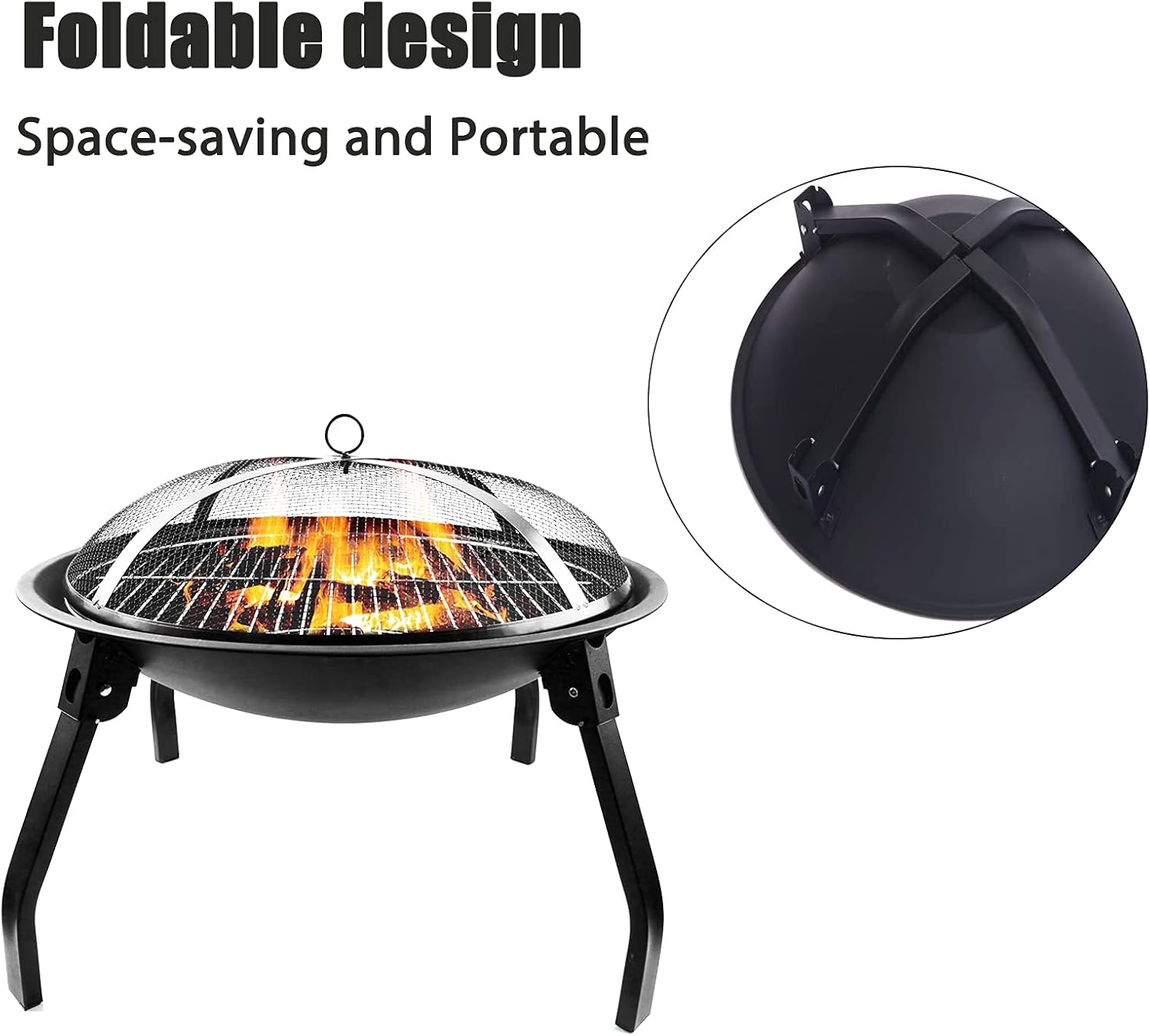 Outdoor Fire Pits,Portable and Collapsible 22-inch Fire Pit Grill Wood Burning Best for BBQ,Campfire,Bonfire with Smore SticksMesh Cover Spark Screen,black