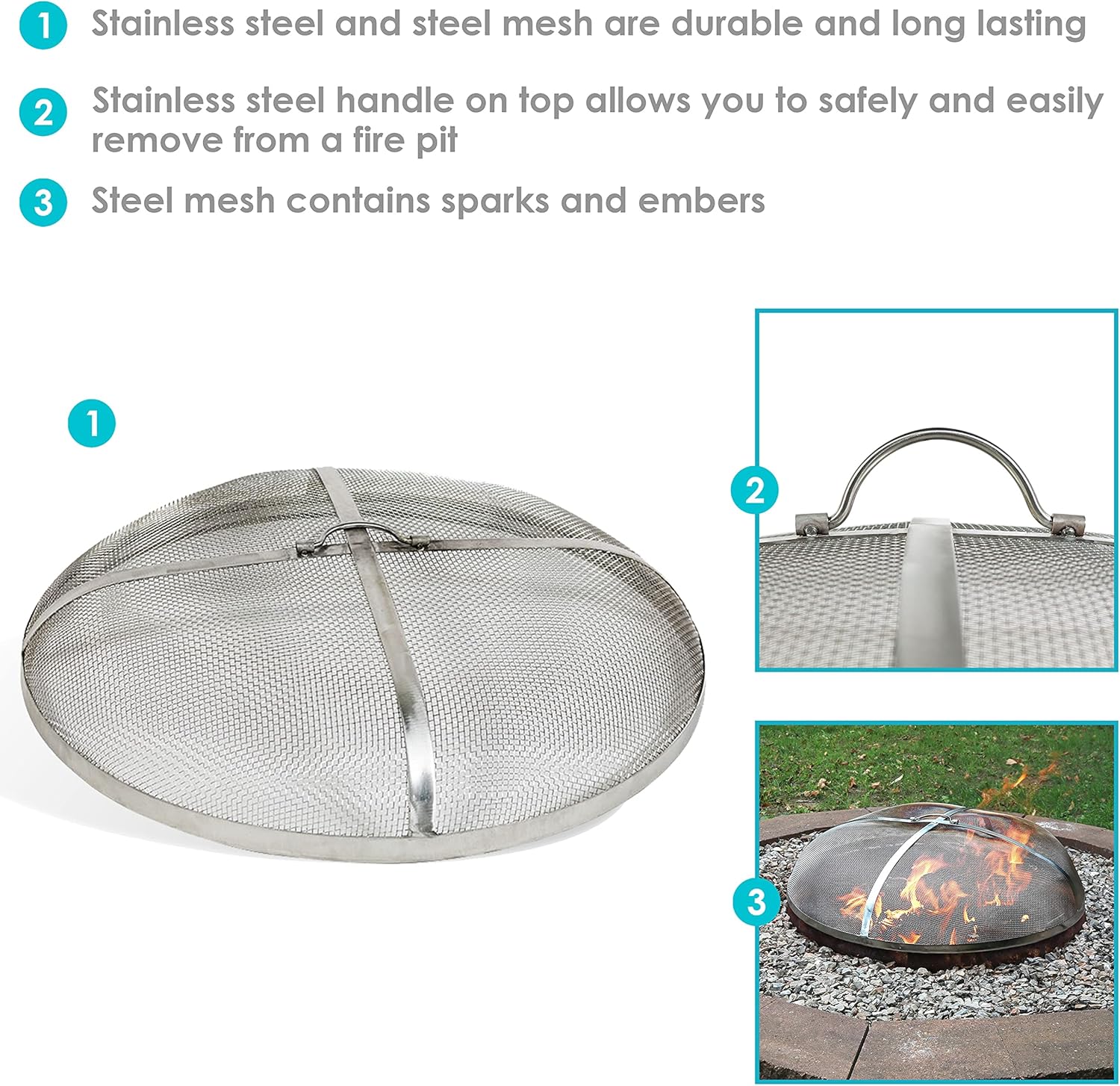 Sunnydaze Round Fire Pit Screen Cover - 40-Inch Stainless Steel Mesh Fire Pit Spark Screen - Spark Lid Top Cover with Handle