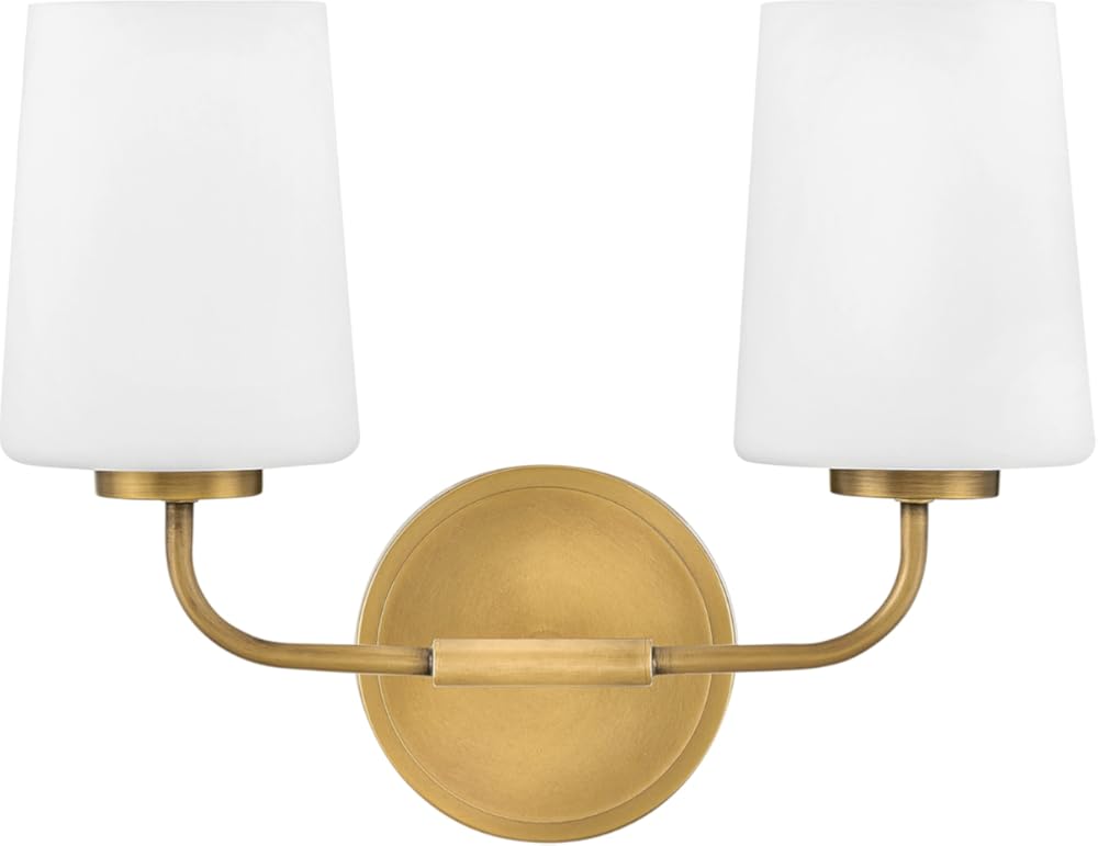 Hinkley Lark Kline 853452HB Two-Light Bath Vanity Fixture - Sleek, Tapered Etched Opal Glass Shades, Mount Up or Down - Heritage Brass