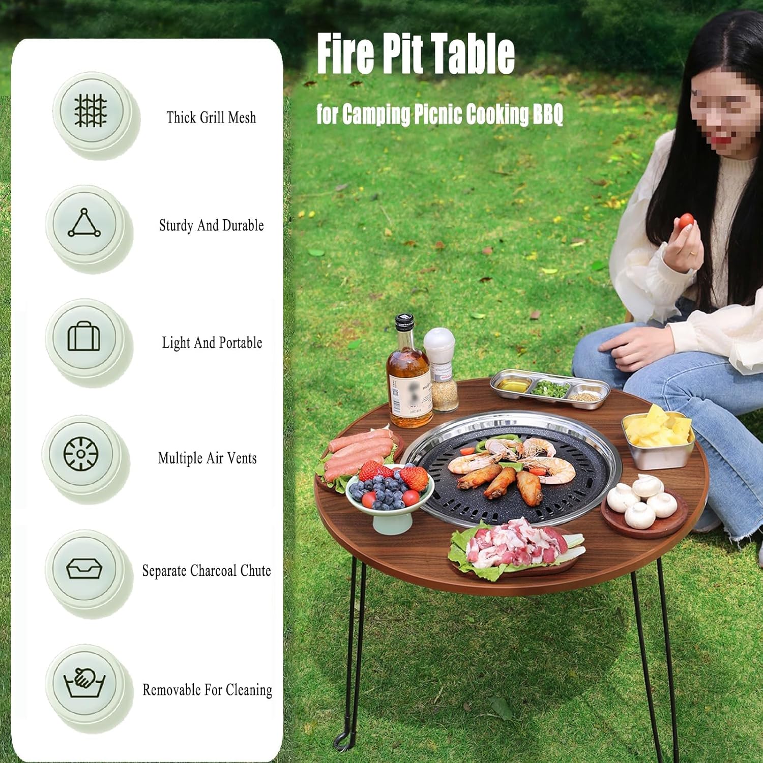 TemkIN Multifunctional Fire Pit Table, Folding 3-in-1 Round Laminated Wooden Tabletop, Portable Bistro Table, for Outdoor Garden Patio