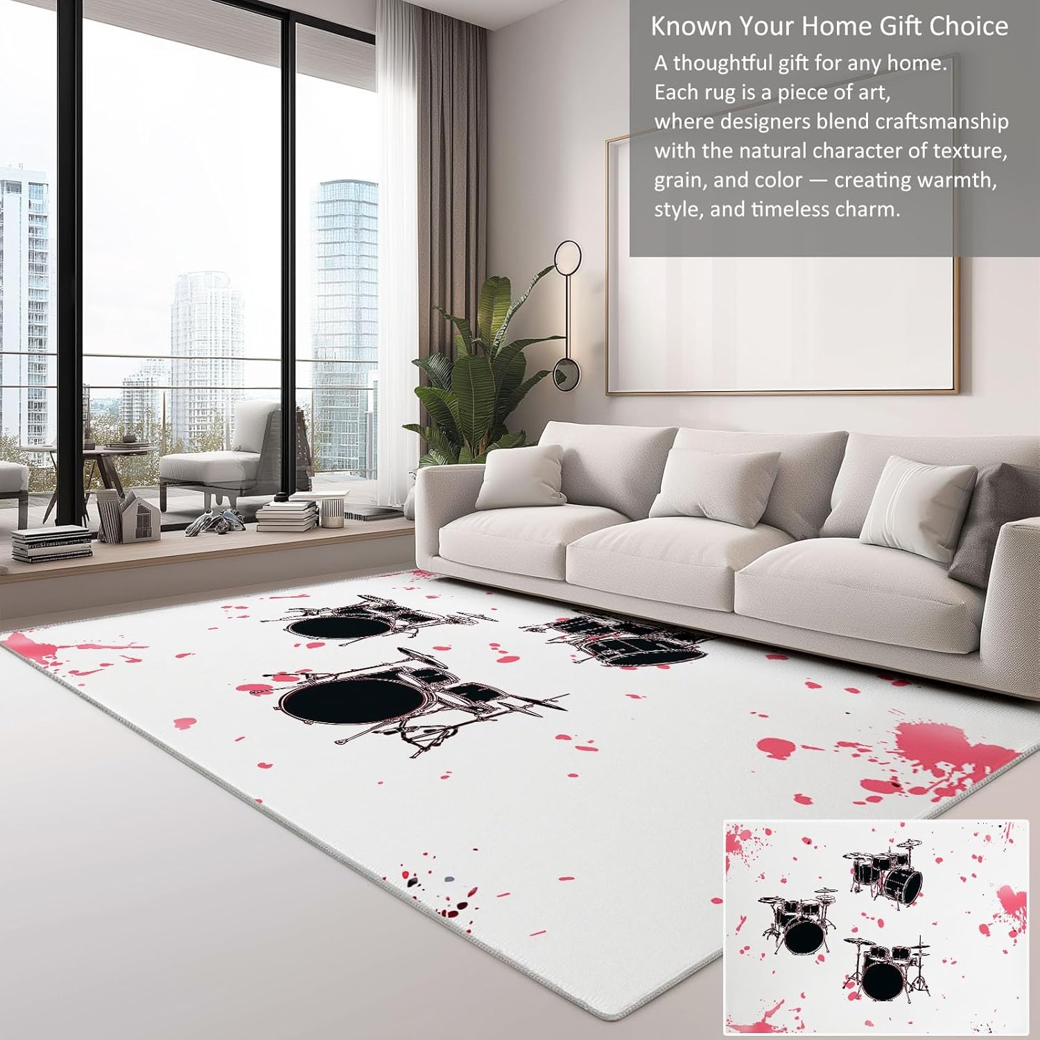 Machine Washable Cartoon Style Carpet 3 x 4 ft Area Rug, Non-Slip Rug Drum Set Music Print Low Pile Carpet for Living Room Bedroom Entryway Kitchen Dorm Hallway Kids Room