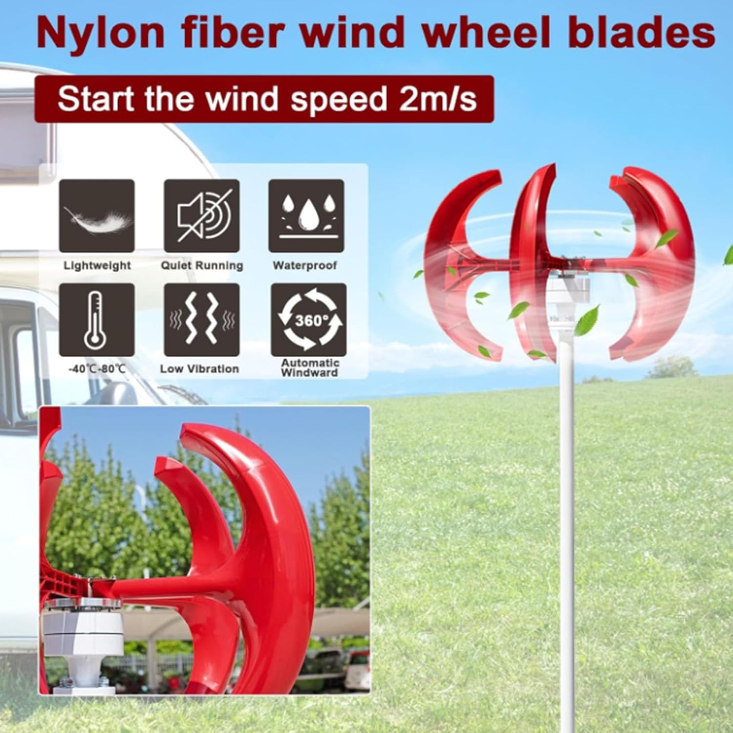 5-Blade Wind Turbine Generator Set, 3000W Household Hybrid car Street Light Wind Vertical axis Generator Set, 12v 24v 48v 220v electromagnetic Generator Equipment red