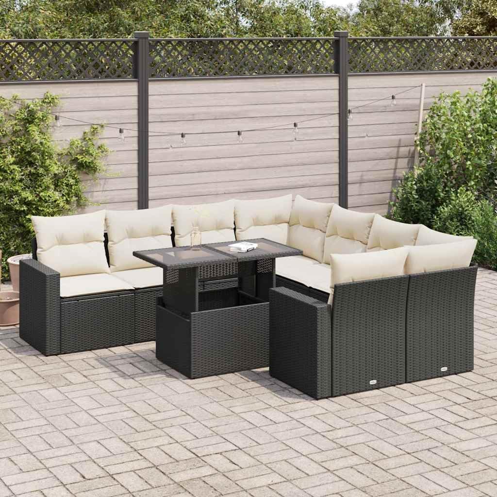 9-Piece Garden Sofa Set Black, Cream White, Modular Poly Rattan Outdoor Patio Furniture with Storage, UV & Water-Resistant for Balcony, Terrace