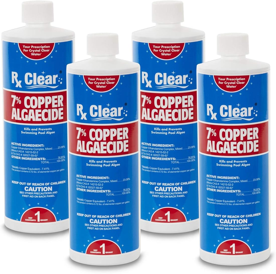 Rx Clear 7% Copper Algaecide | Kills and Prevents Algae for In-Ground and Above Ground Swimming Pools | Safe Formula for Swimmers | One Quart Bottles | 4 Pack