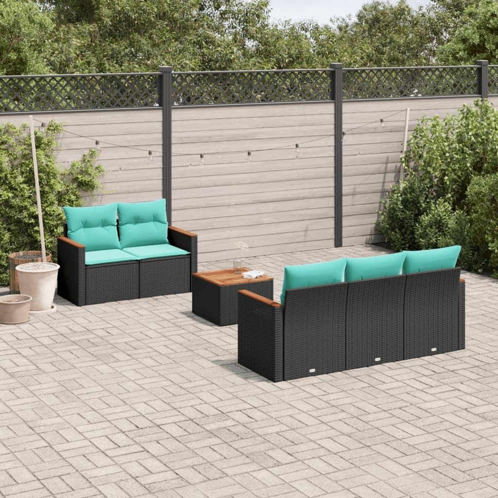 6 Piece Garden Sofa Set with Cushions, Black Poly Rattan Outdoor Furniture, UV-Resistant Patio Dining Set with Acacia Wood Tabletop