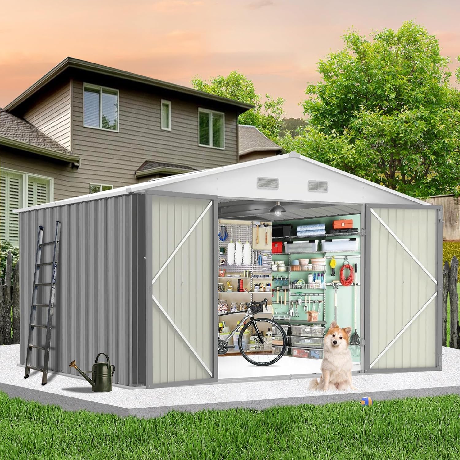 GarveeLife 12x10 ft Outdoor Storage Shed, Large Steel Multipurpose Yard Shed, Metal Outdoor Tool Shed with Sloped Roof and Door Lock Design for Organizing Tools & Equipment in Yard, Garden, Grey