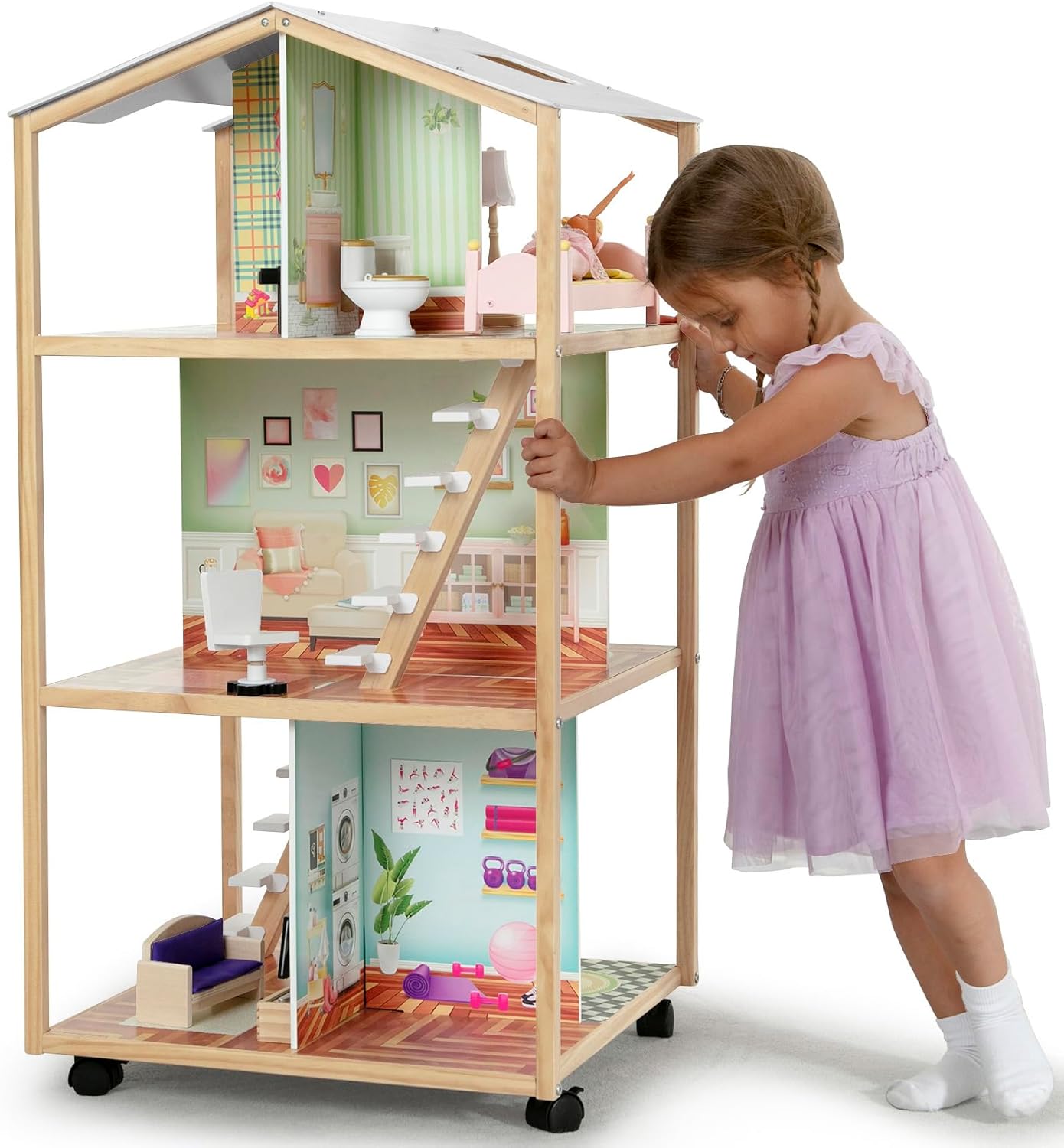 Delta Children Moveable Mansion Dollhouse - 360-Degree Play Dollhouse with Wheeled Base - Includes 16 Accessories - Fits 12-inch Dolls - Pretend Play Dream Gift for Ages 3+