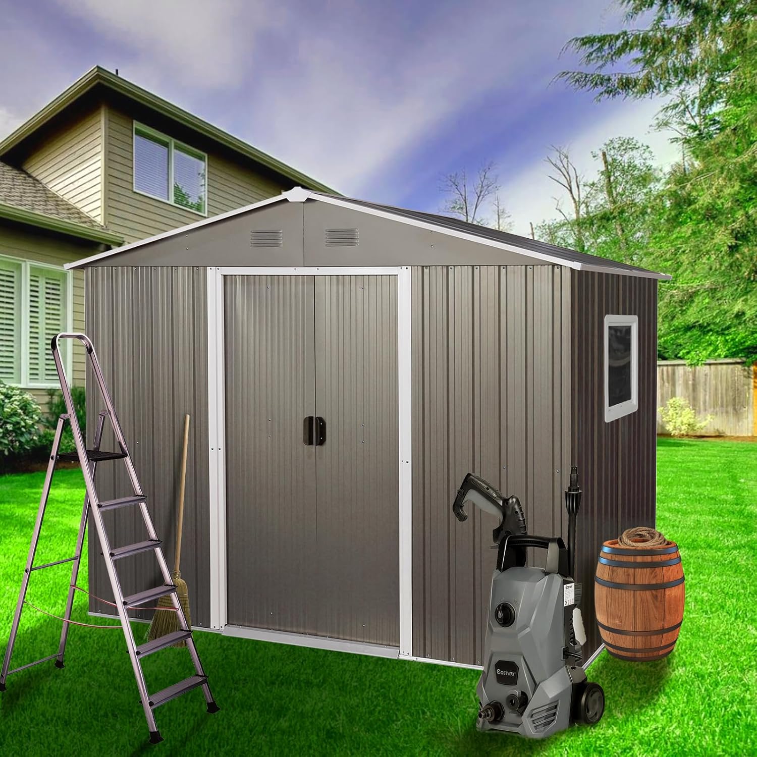 8x6 ft Outdoor Metal Storage Shed with Floor Foundation and Window, Lockable Galvanized Steel Tool Shed with Sliding Door and Air Vent, Waterproof Garden Storage House for Backyard, Patio