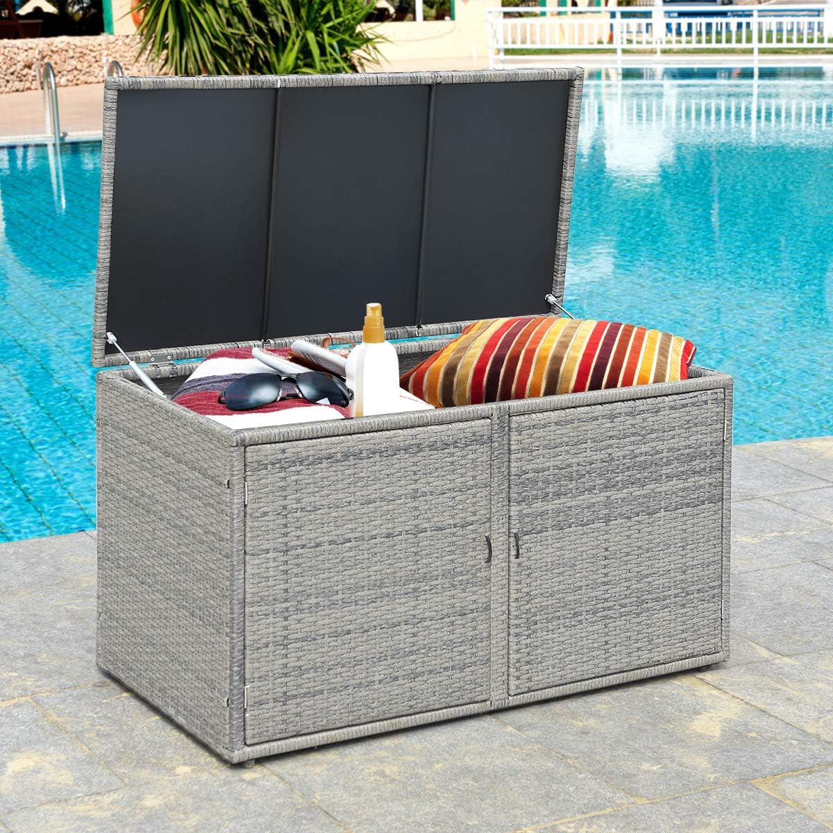 Tangkula Outdoor Wicker Storage Box, Garden Deck Bin with Steel Frame, Rattan Storage Box with Lid, Ideal for Storing Tools, Accessories, 88 Gallon Capacity (Grey)
