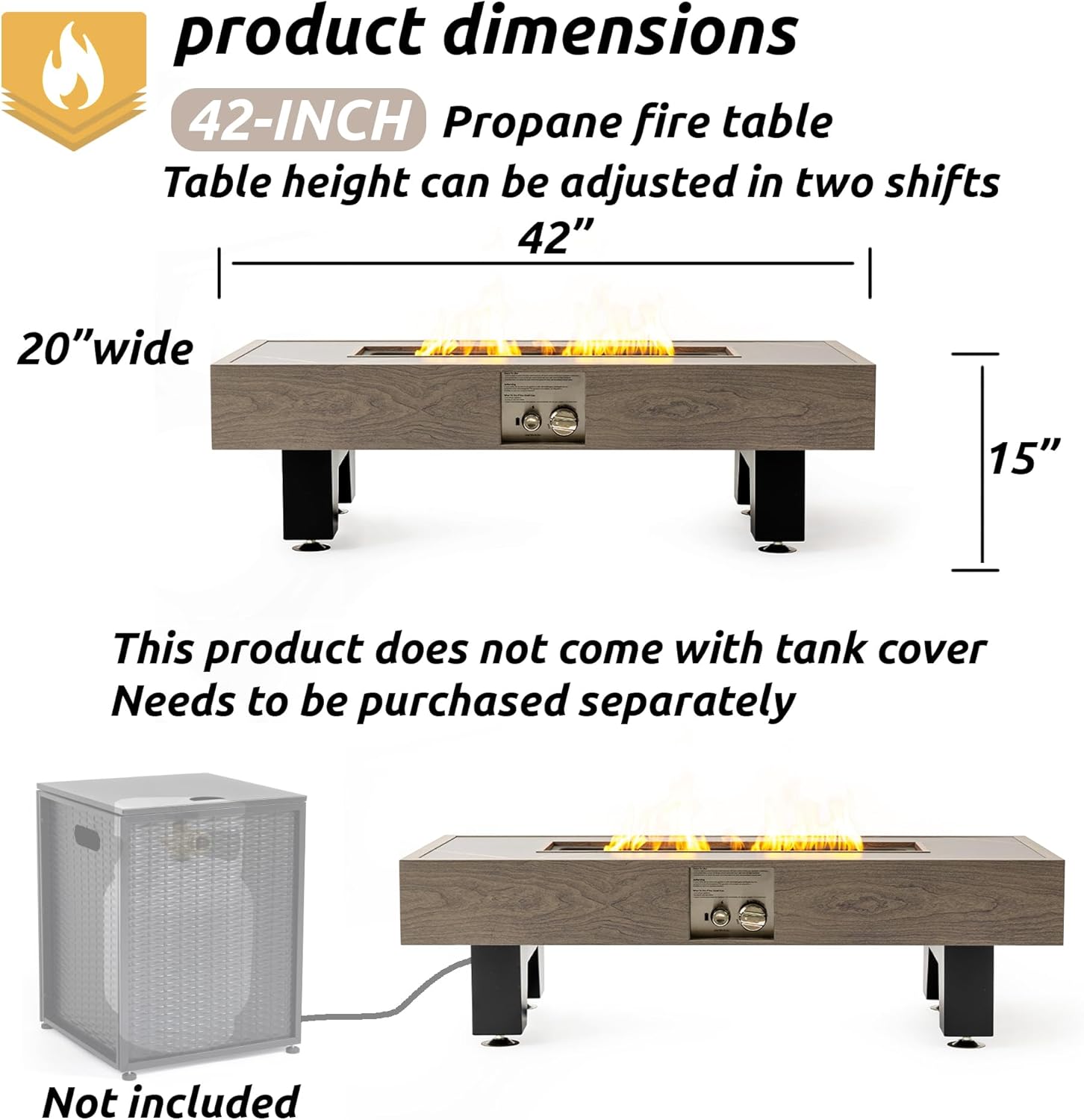 Propane Fire Pit,Outdoor Gas Fire Pit Table with Rain Cover,Rectangular Heater for Patio, Backyard, Deck,50,000BTU Outdoor Modern Patio Fire Pit (Wood)