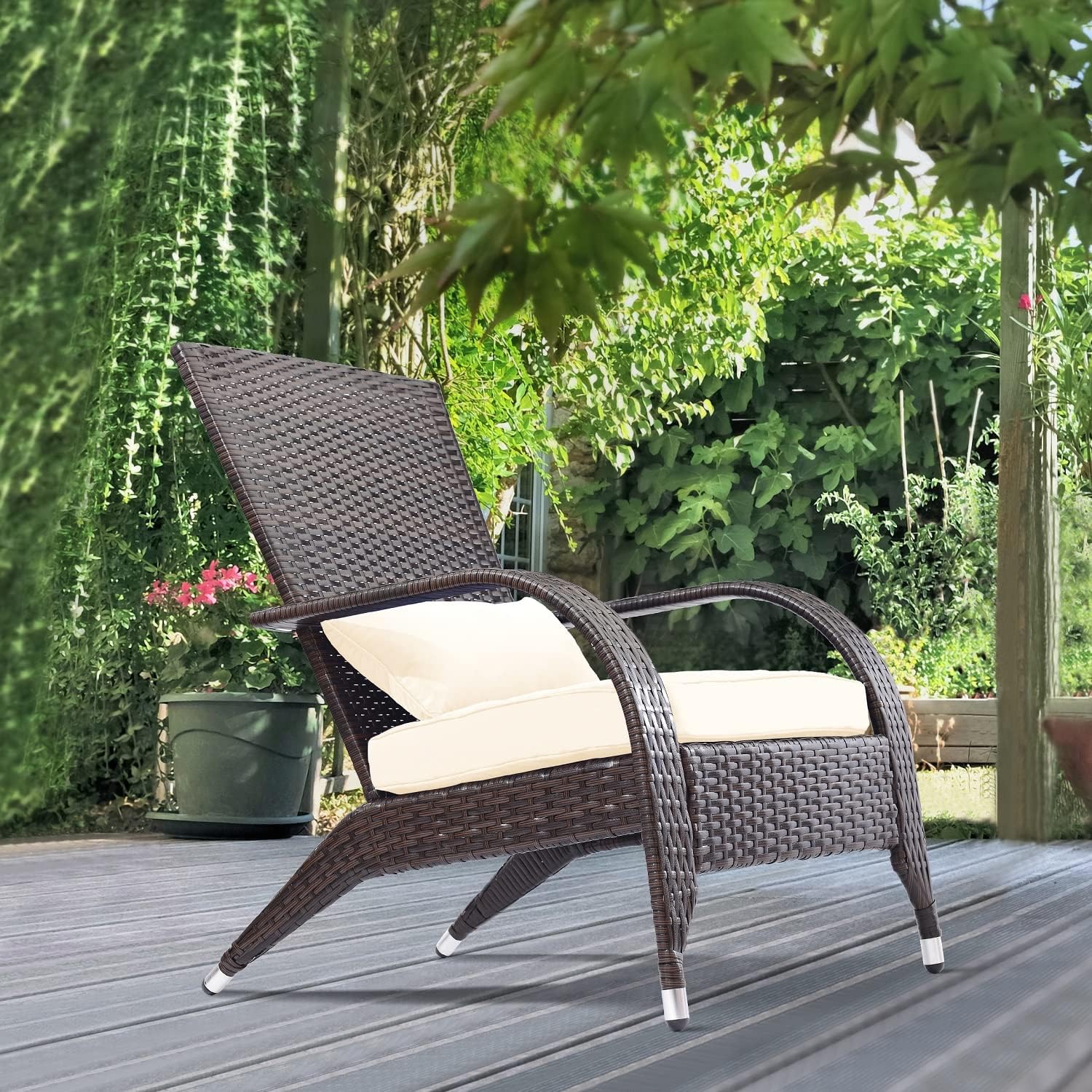 Outdoor Patio Wicker Adirondack Chair Outside Fire Pit Chairs Oversized Comfy Coconino Rattan Armchair Low Deep Seating High Back with Cushion and Pillow for Porch Deck Balcony Lawn Backyard Cream