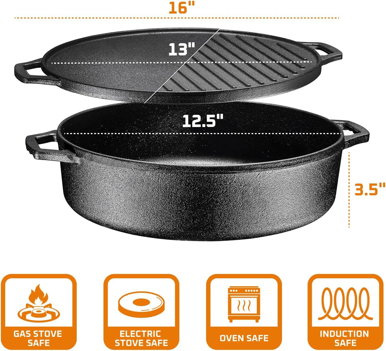 Bruntmor 6.8 Quart Cast Iron Skillet with Reversible Grill Griddle Lid - 3-in-1 Round Cast Iron Pan for Frying, Grilling, Dutch Oven Cooking - Roasting Pan with Lid, Camping Cookware, Black
