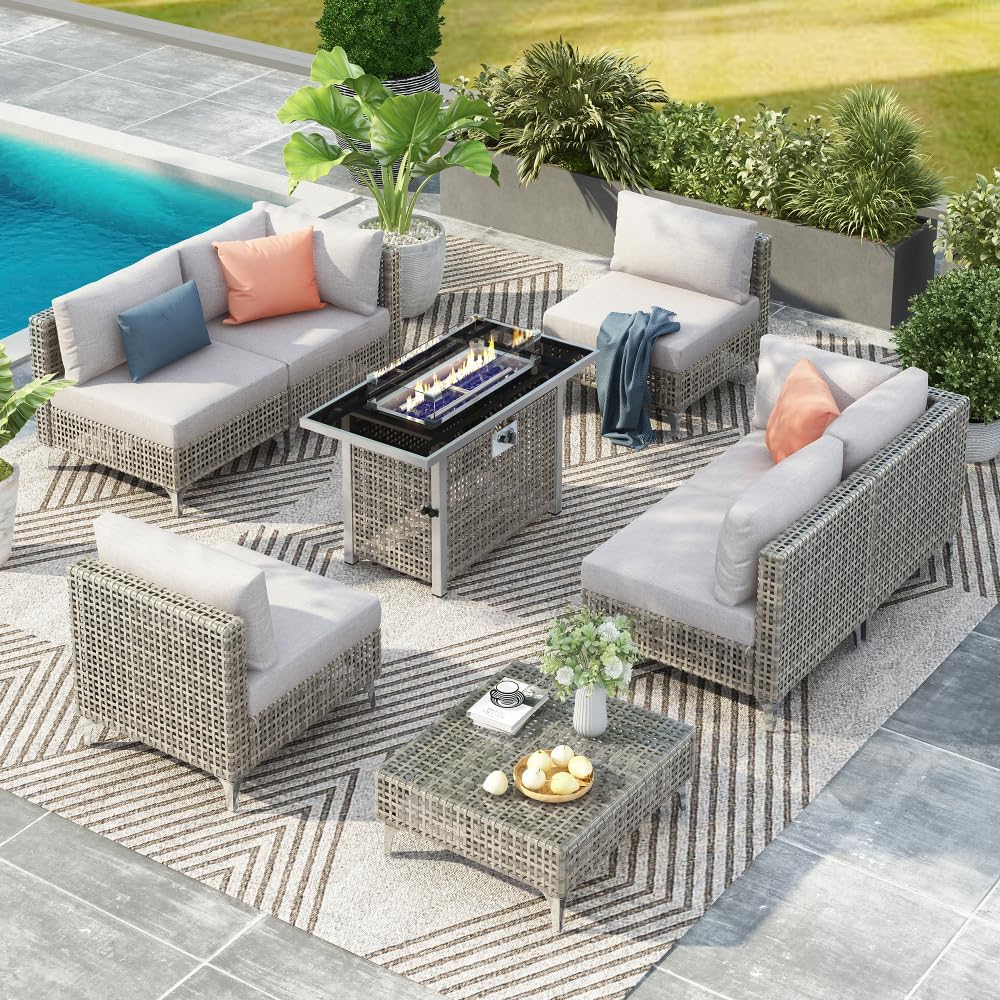 43 Inch Propane Fire Pit Table with Open Weave Wicker Design for Patio Garden Backyard - Orange and Yellow Outdoor Fire Table (8 Piece Sectional Sofa Set with Fire Pit Table - Grey)