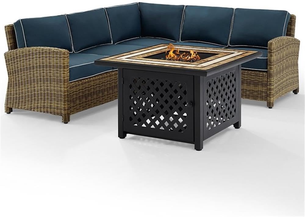 4-Piece Wicker/Rattan Fire Pit Sectional Set in Navy/Brown
