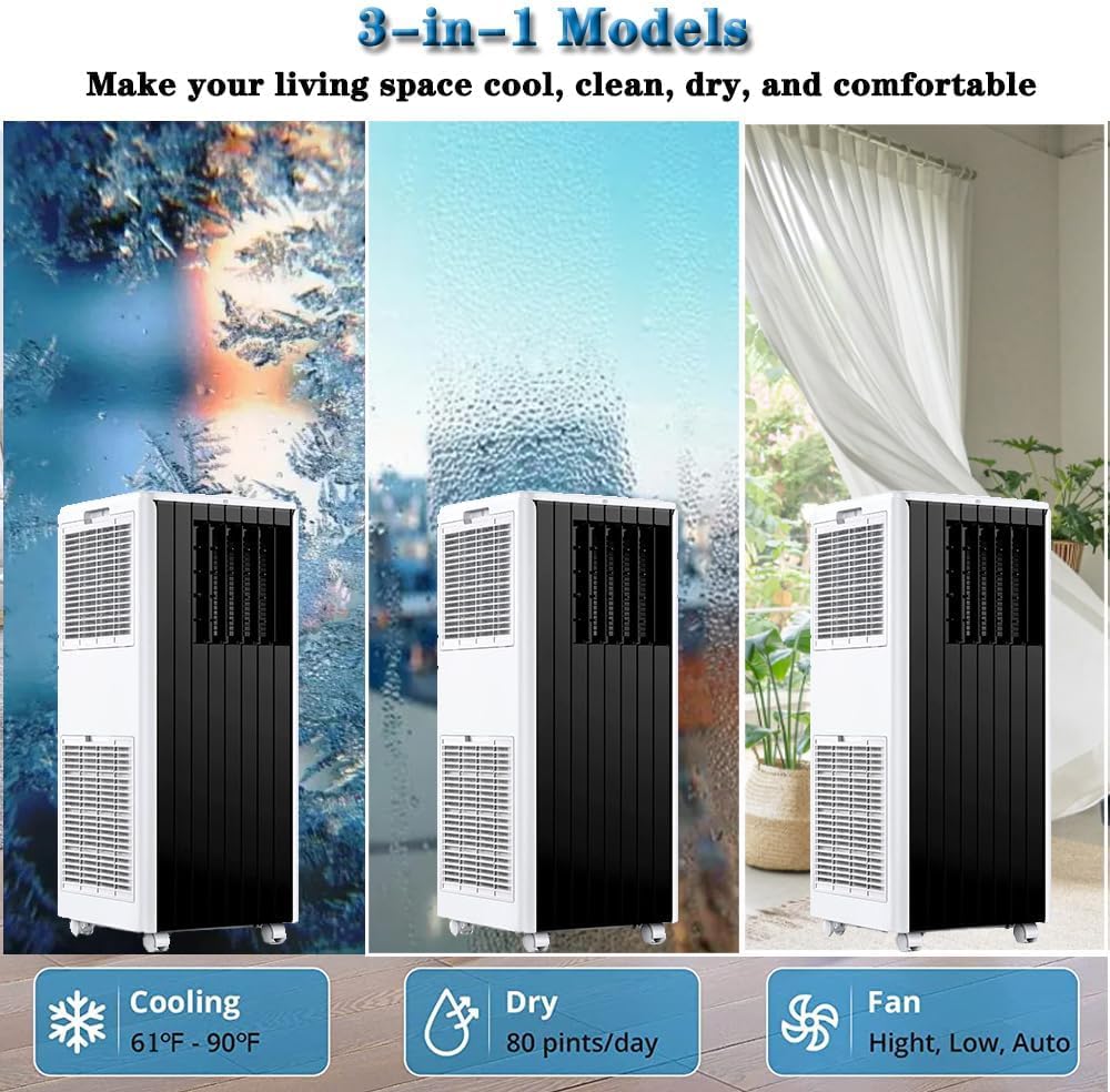 8000 BTU Portable AC Unit - 3-in-1 Air Conditioner, Dehumidifier & Fan for 350 Sq.Ft Rooms, Quiet 50dB, Remote Control, Window Kit Included, 24H Timer, Energy Saving, Easy Install