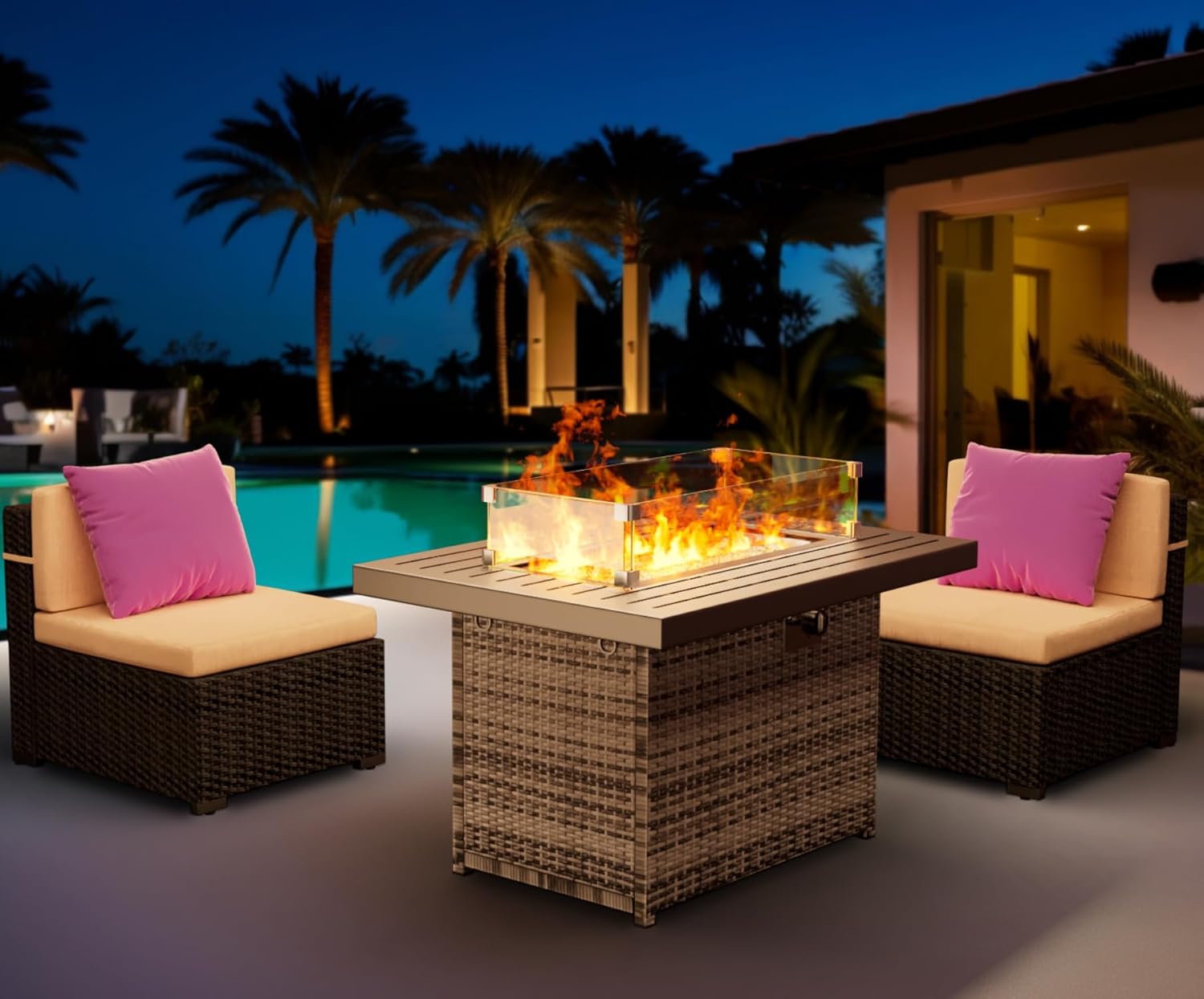 TINKLE WELL 44in Outdoor Propane Fire Pit 60,000 BTU, Gas Fire Pit Table with Glass Wind Guard, Rattan Wicker Base and Waterproof Cover, CSA Certification for Outside Garden Patio Party