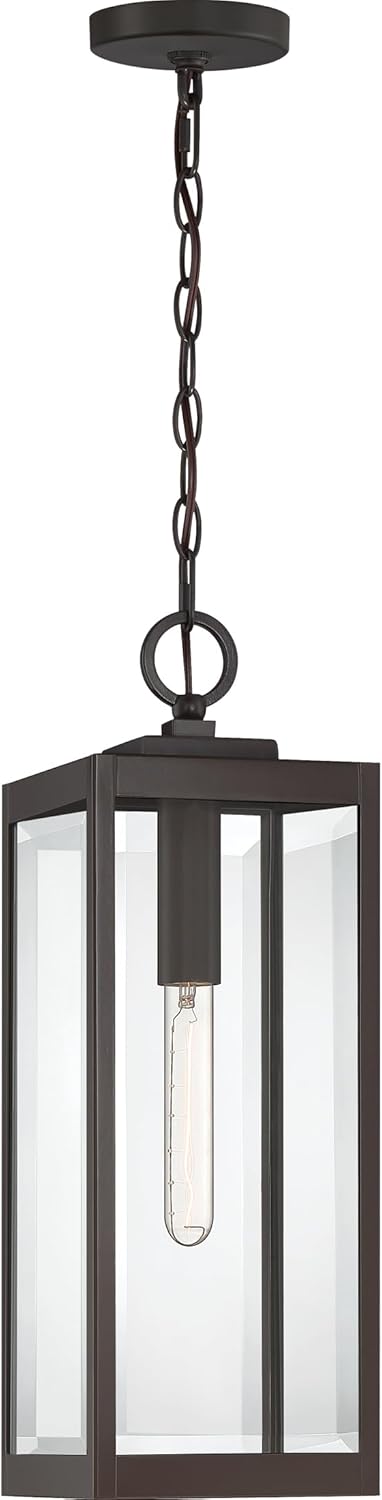 Quoizel Westover Outdoor Hanging Lantern, 21 Inch 1-Light Western Bronze Modern Ceiling Mount Light, Clear Beveled Glass, Max Hanging Height 122