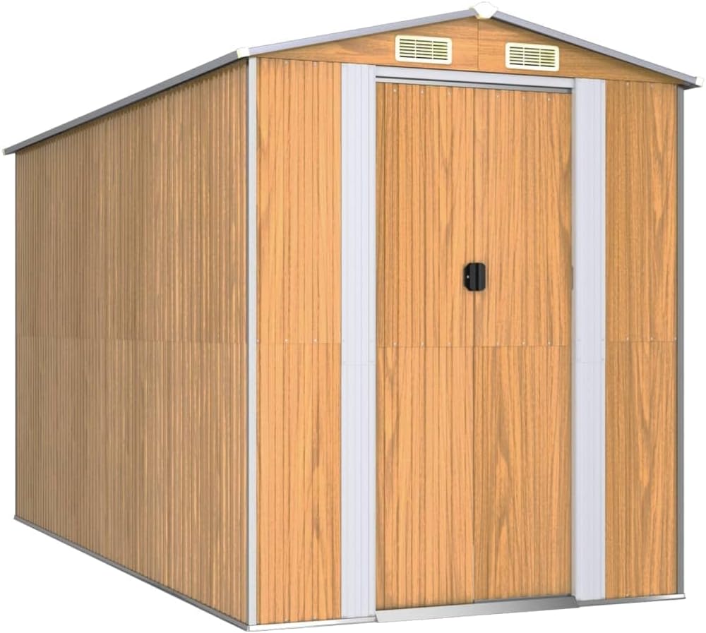 'vidaXL Light Brown Garden Shed - Outdoor Galvanized Steel Storage for Garden Tools and Pool Equipment, Roomy with Double Sliding Doors & Ventilation Vents, Easy to Assemble - 75.6
