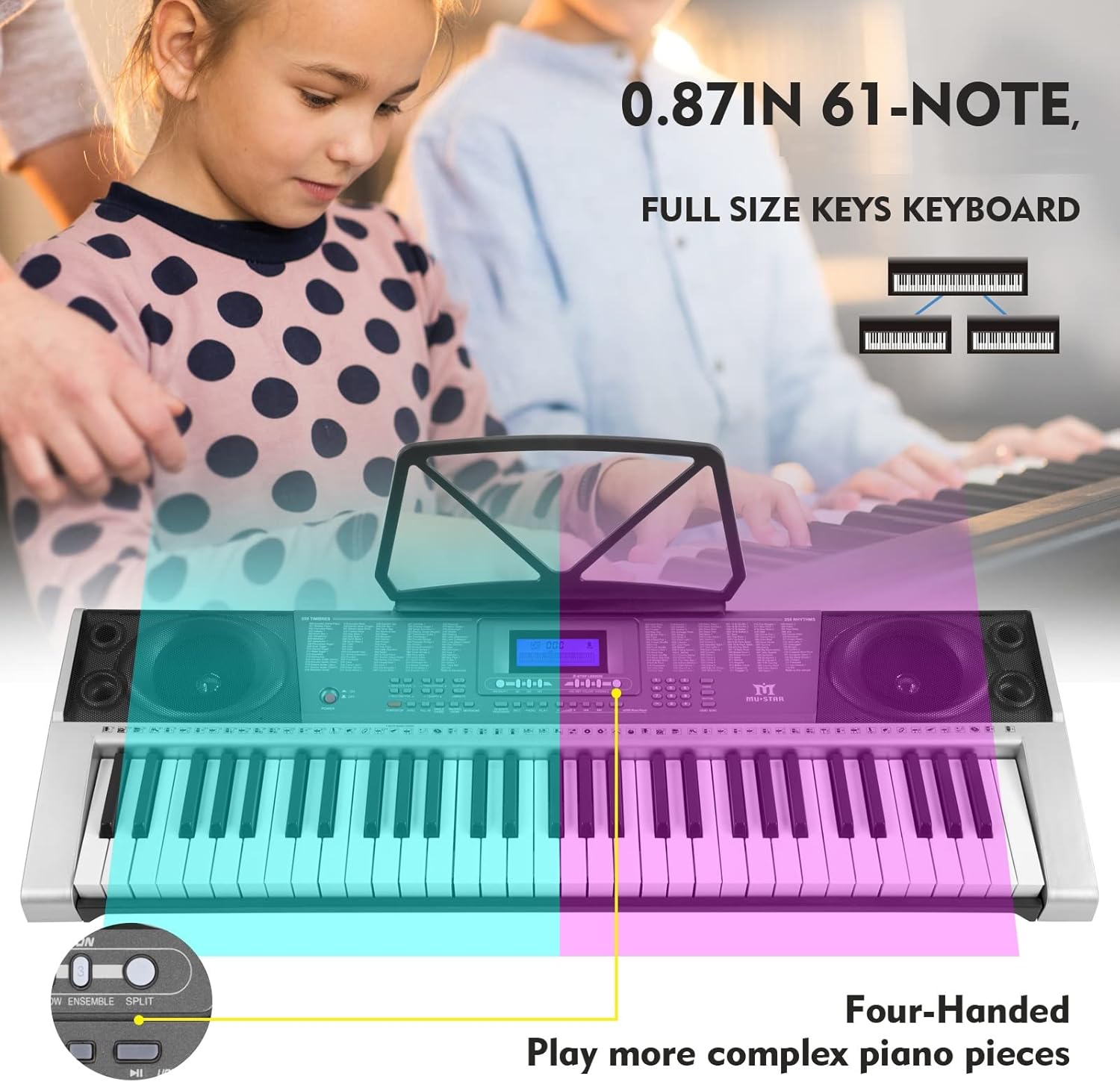MUSTAR 61 Key Piano Keyboard, MEK-300 Electric Keyboard Piano with Stand, Full Size Keyboards Piano 61 Key for Beginners, LCD Screen, Headphones, Microphone, Power Adapter, Birthday Gifts