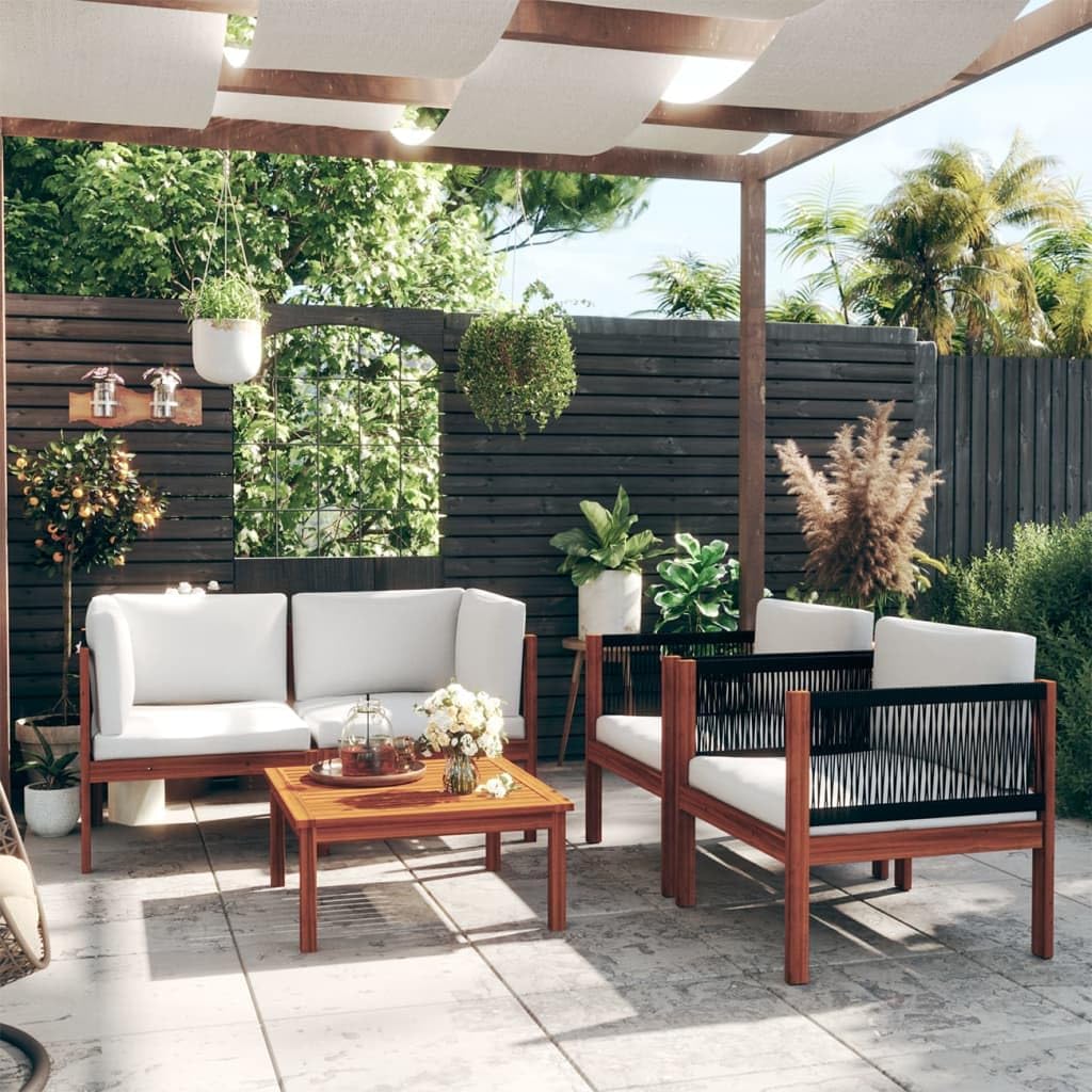 5 Piece Patio Lounge Set with Cushions Cream Solid Acacia Wood Patio Furniture, Outdoor Furniture Sets