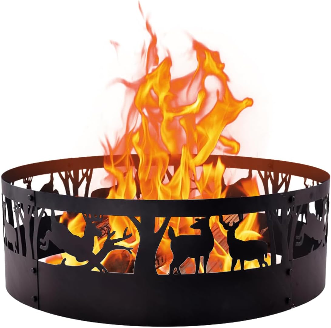 Fire Pit Ring - 36 Inch Heavy Duty Steel Fire Pits with Hollow Carved Design - Large Round Firepit Insert for Wood Burning & Camping & Outdoor Fireplace