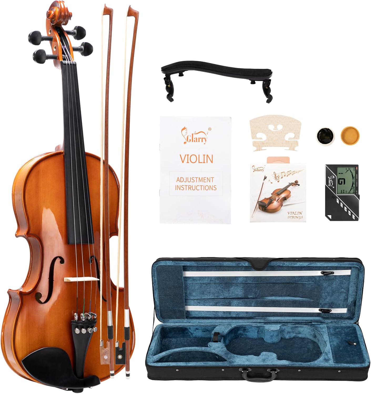 GLARRY Violin 4/4 Full Set for Kids - Solidwood Fiddle with Tuner Bow Case Shoulder Rest, Including Acoustic Violin Strings for Beginners Adults (Bright Brown)