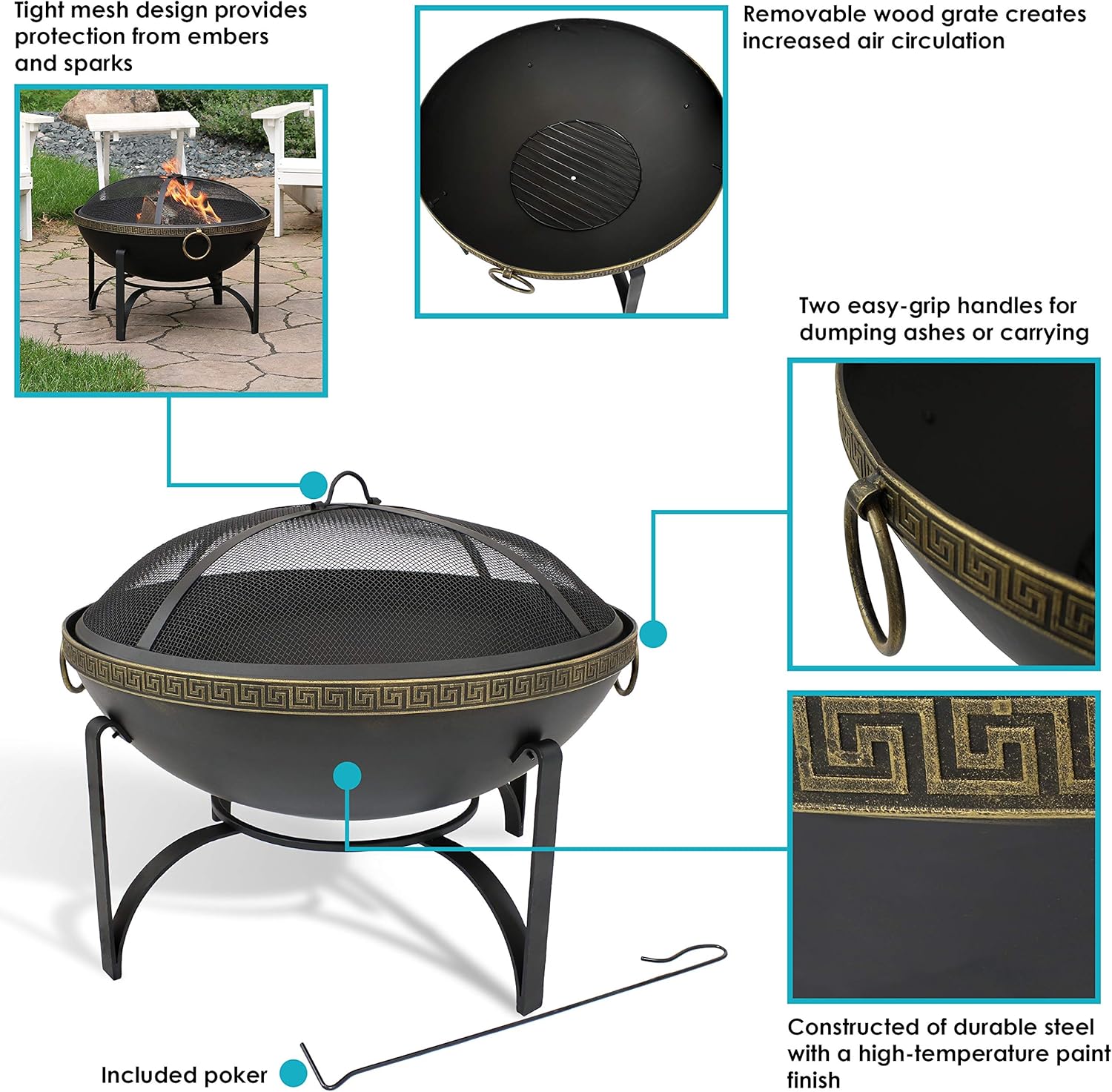 Sunnydaze 26-Inch Steel Wood-Burning Outdoor Fire Pit Bowl with Spark Screen, Log Grate, and Poker