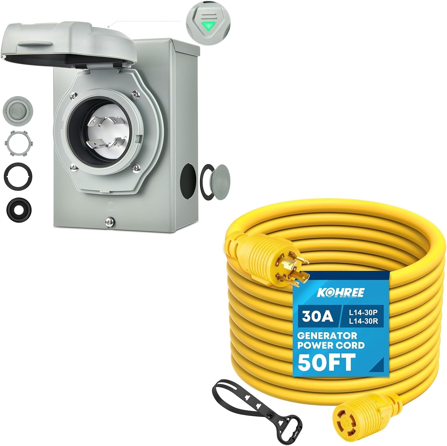 30 Amp Generator Extension Cord 50 FT + 30 Amp Generator Power Inlet Box