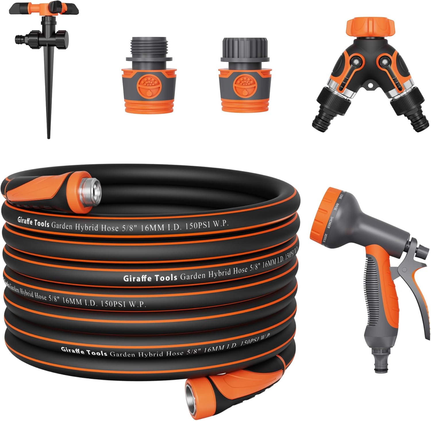 Giraffe Tools 100FT Garden Hose 5/8'' Set with 10-Pattern Spray Nozzle, Quick Connects & Ground Spinkler, for Garden Greenhouse Flower Bed Garden Water Hose
