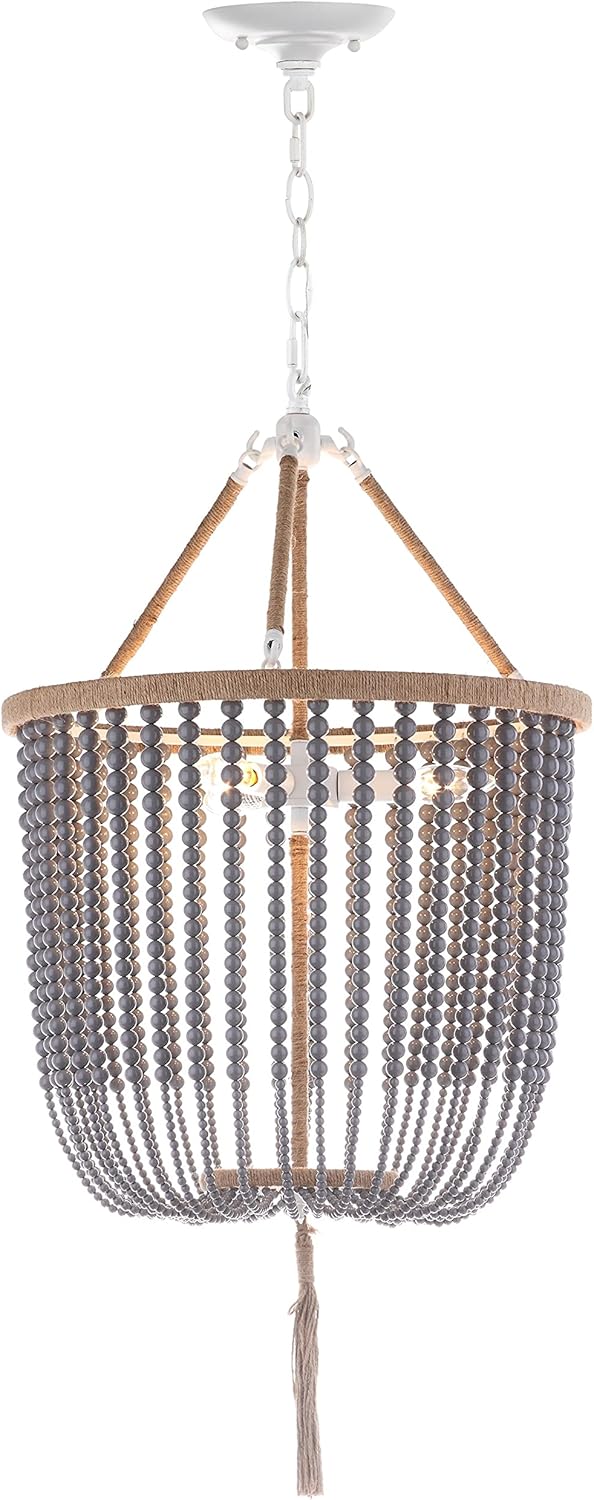 SAFAVIEH Lighting Collection Angie Boho Farmhouse Grey 18-inch Diameter 3-light Beaded Adjustable Hanging Pendant Light Fixture with Tassel (LED Bulbs Included)