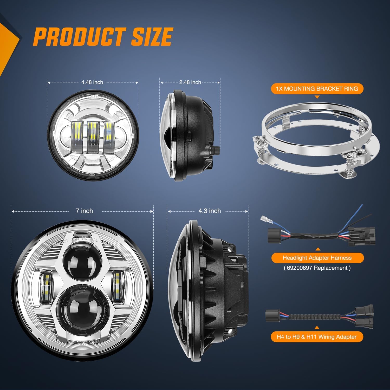 Nilight 7 Inch Motorcycle LED Headlight 4.5 Inch Fog Lights Auxiliary DOT Kit Compatible with Harley Davidson Electra Street Glide Fat Boy Road King Heritage Softail CVO, Chrome