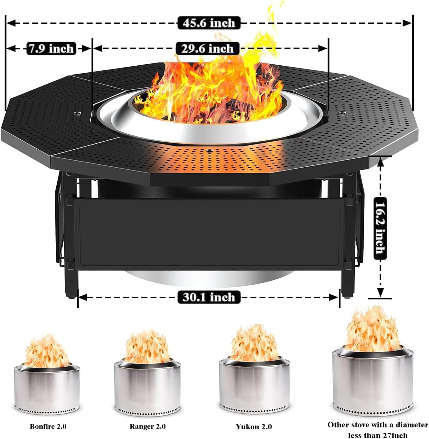 Fire Pit Surround Tabletop for Solo Stove Yukon 2.0 27 Inch, Fire Pit Surround Table Top, Accessories for Solo Stove, Adjustable with UV-Resistant Outdoor Fabric, Metal Black
