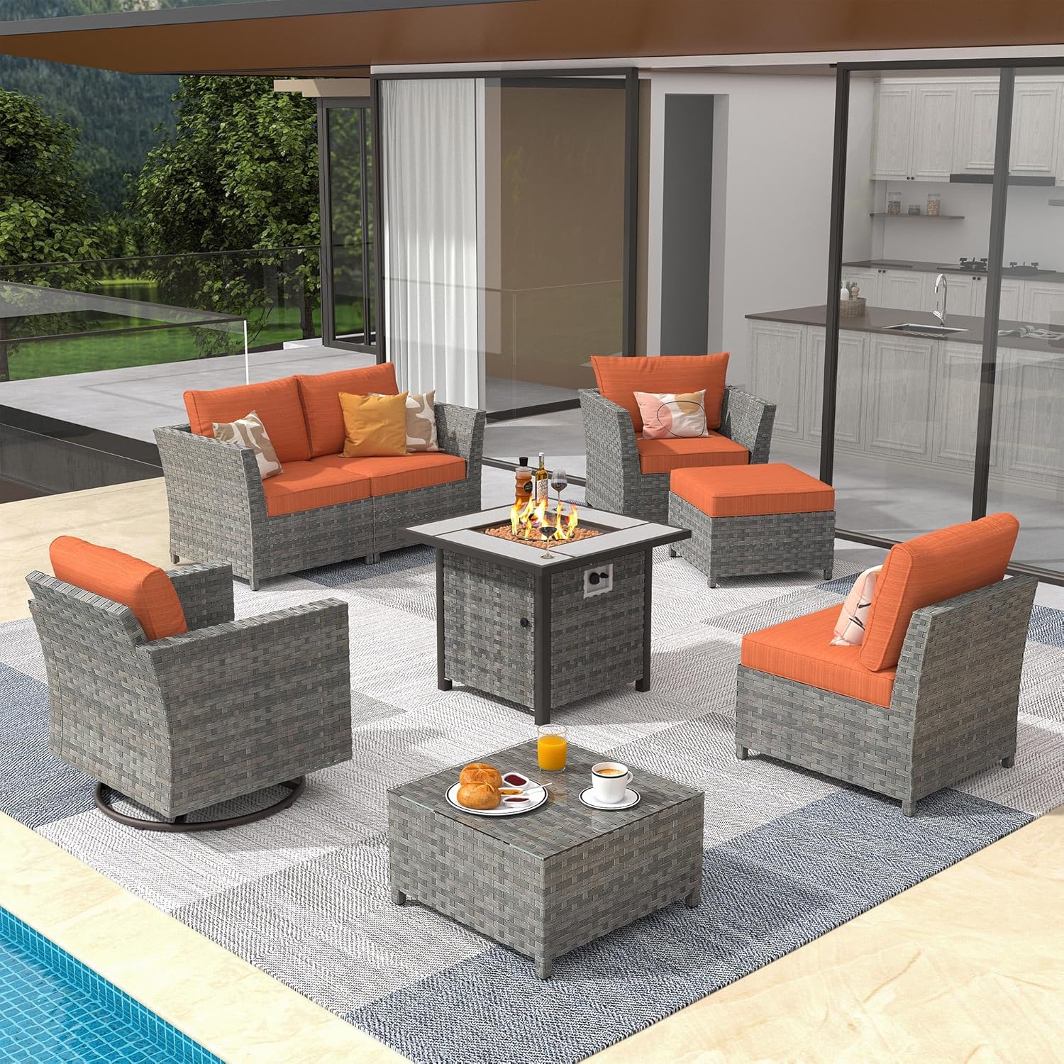 8 Pieces Patio Sectional Conversation Sofa Set, Wicker Outdoor Furniture Set with Swivel Rocker Chair and Square Fire Pit Table (Orange Red)