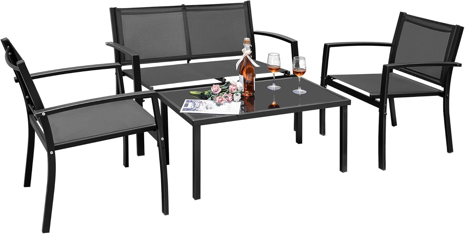 Flamaker 4 Pieces Outdoor Patio Furniture Textilene Modern Conversation Black Bistro Set with Loveseat Tea Table for Home, Lawn and Balcony