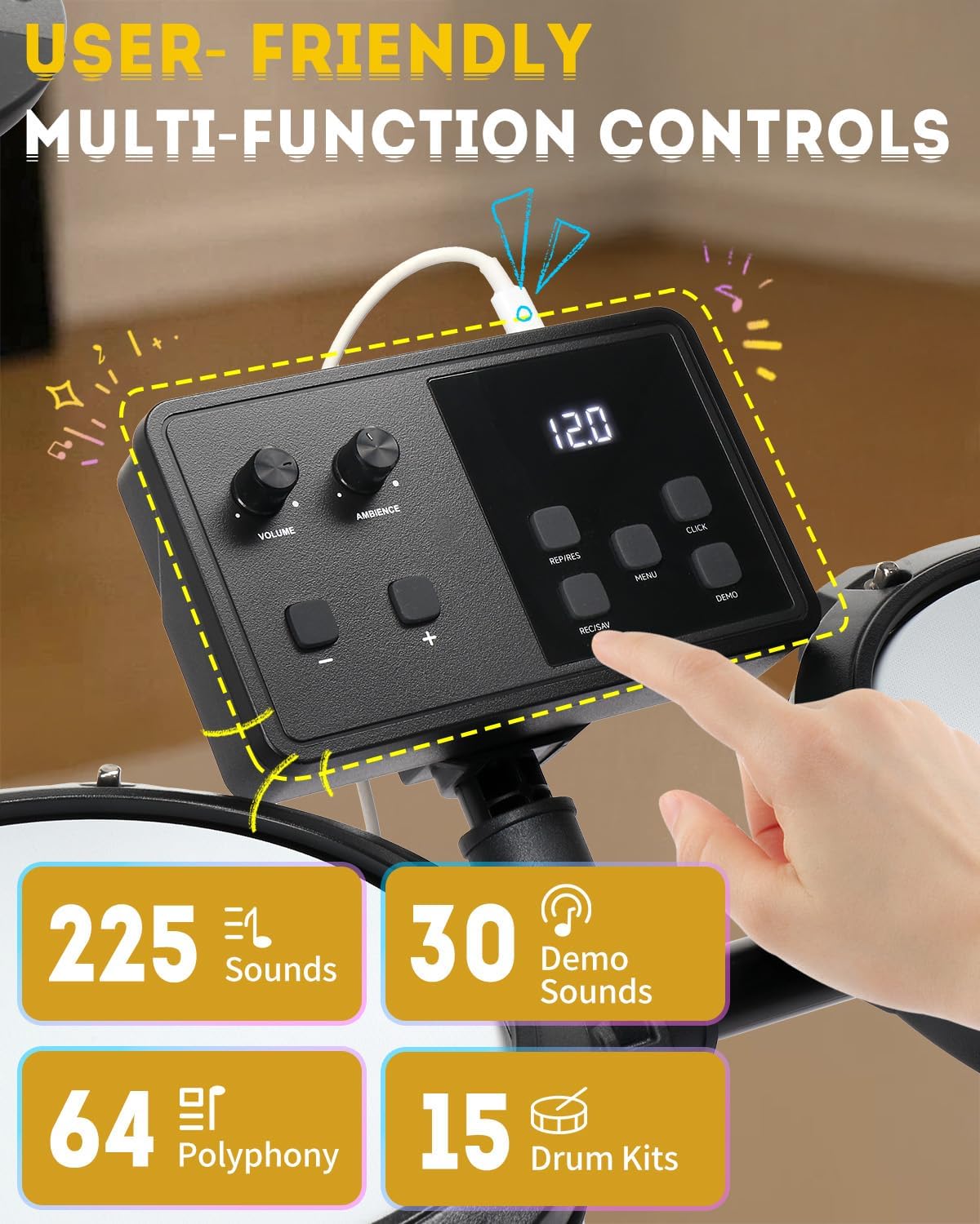 Ktaxon Electric Drum Set, Electronic Drum Set with Type-C Charging, USB MIDI & Quiet Mesh Drums, Premium Cymbals, Low-Noise Kick Pedal, Adjustable Throne, Headphones, Sticks and Velcro(Full)