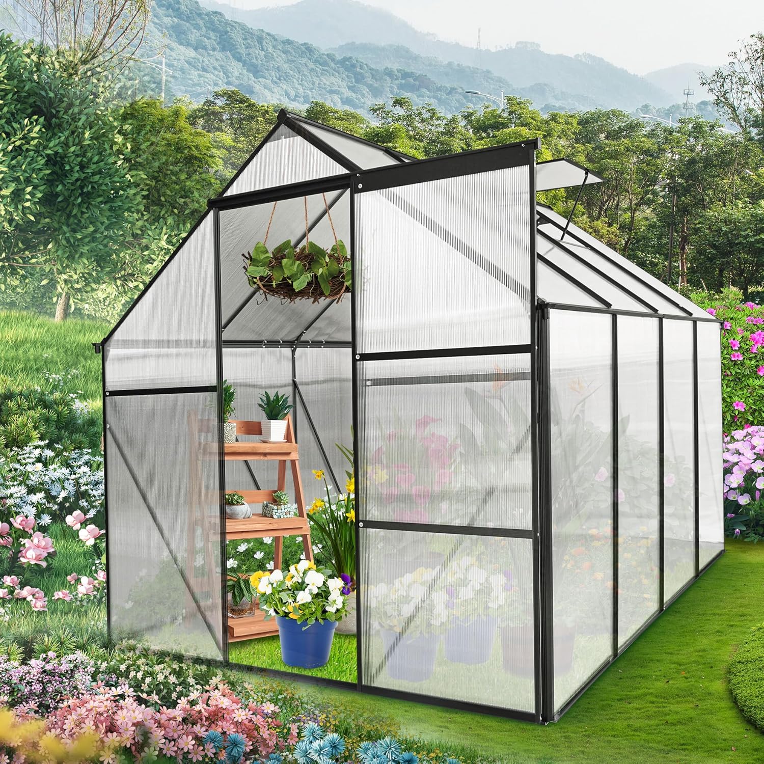 KELRIA 6x8 FT Heavy Duty Walk-in Hobby Greenhouses, Polycarbonate Greenhouse with Sliding Doors and Adjustable Roof Vent, Aluminum Sunroom Green House for Outdoor Garden Backyard, Black