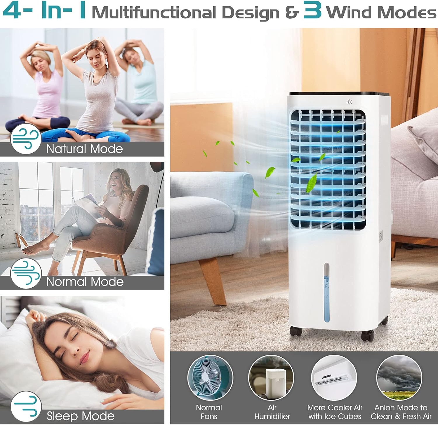 KOTEK 4 in 1 Evaporative Air Cooler W/Fan, Humidifier, Purifier, Cooling, Portable Cooler Fan W/ 4 Modes, 3 Speeds, 120° Oscillation, 0-7.5H Timer, 12L Watertank, Remote Control, 4 Icebox