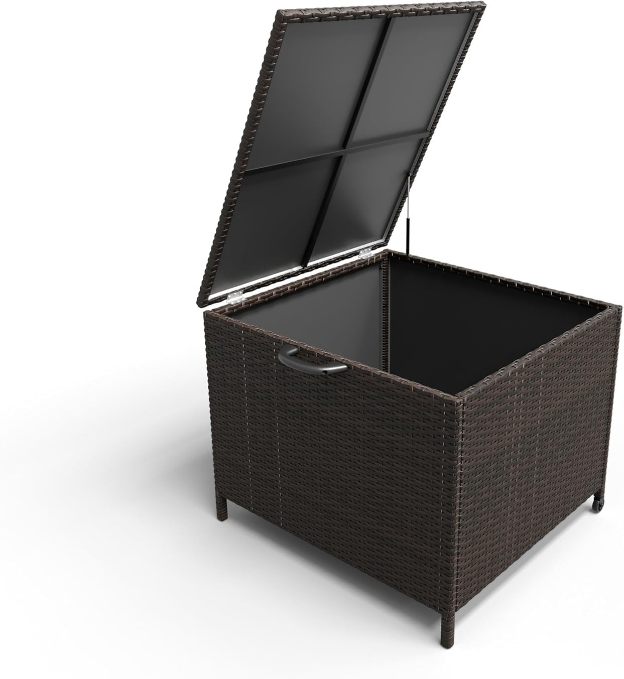 Outdoor Deck Box 80 Gallon Rattan Box Waterproof Storage Container With Handles, Soft Close Hinges and Universal Wheels, for Patio Furniture, Garden Tools, Pool Sports Equipment (Brown)