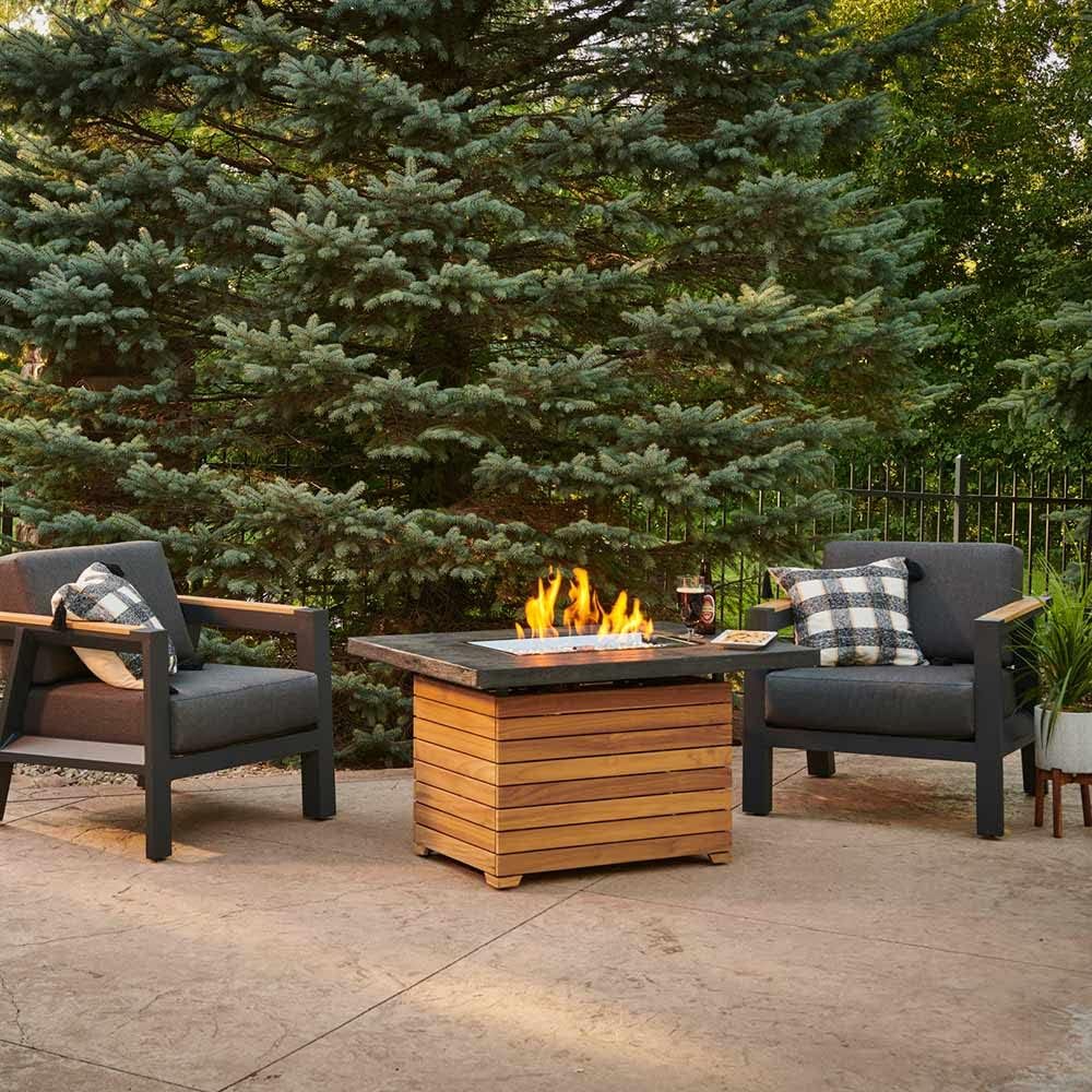 Outdoor GreatRoom Co Propane Fire Pit Table - Darien Gas Fire Pits for Outside Patio - 44 Inch Rectangular Everblend Concrete Firepit Fire Table, Wood Base, Glass Tabletop Cover, 55,000 BTU - Grey