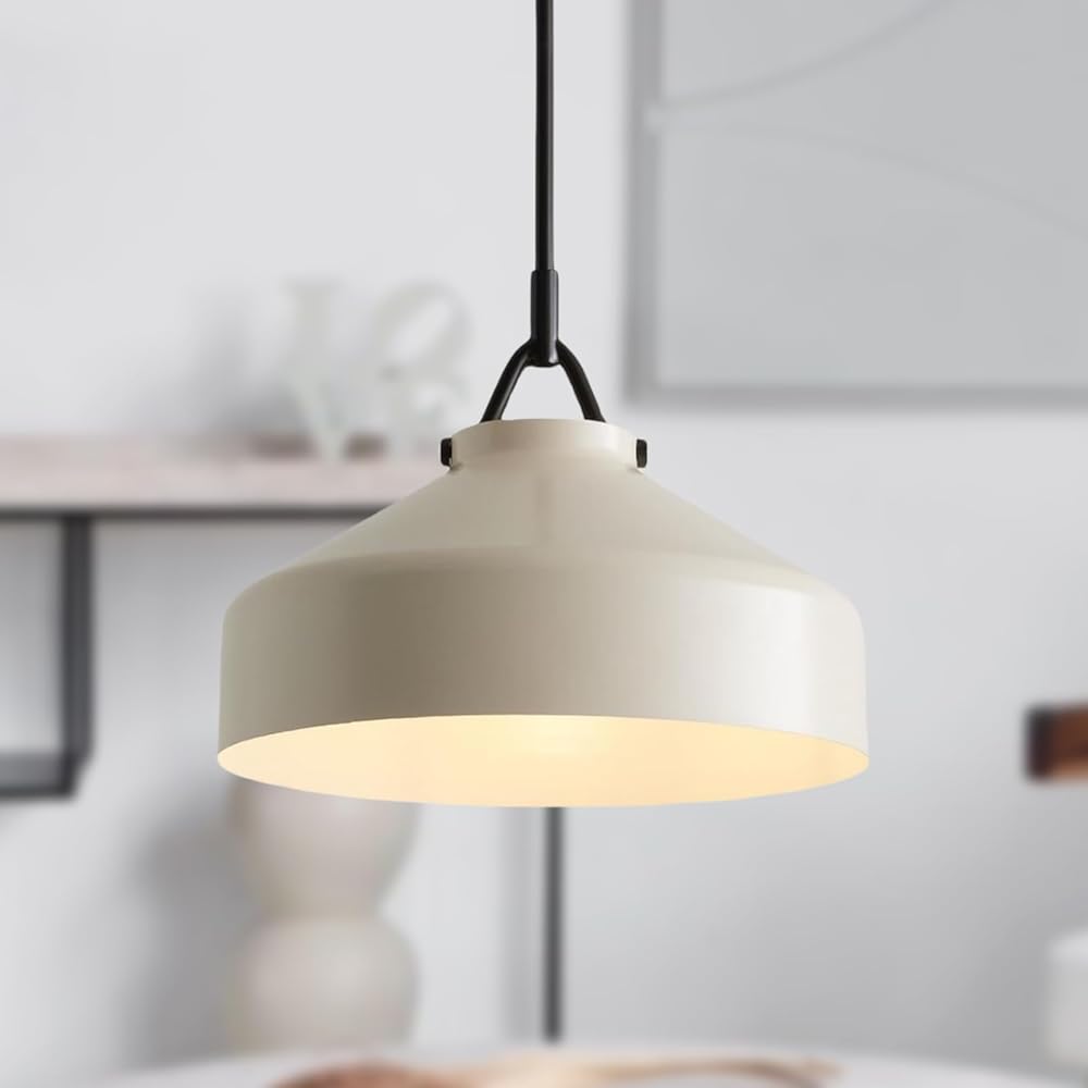 16 Inch Industrial Metal Pendant Light, Contemporary Hand-Polished Ivory Shade Ceiling Light for Bedroom, Black Pole Pendant Light, for Living Room, Luxury Light Fixtures for Indoor