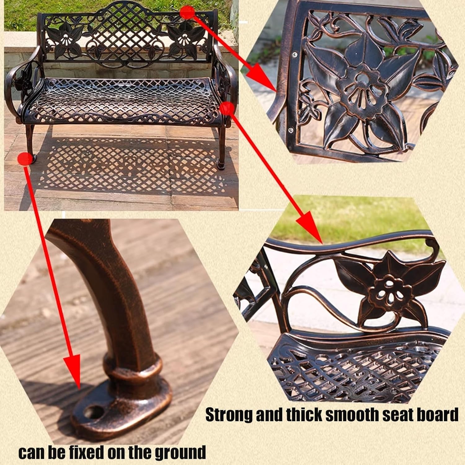 Metal Garden Benches for Outdoors Ergonomic Design Scratch Resistant Cast Aluminum Material Park Bench Suitable for Balconies, Gardens, Leisure Resorts, Scenic Tourist Areas (Color : Bronze Color, S