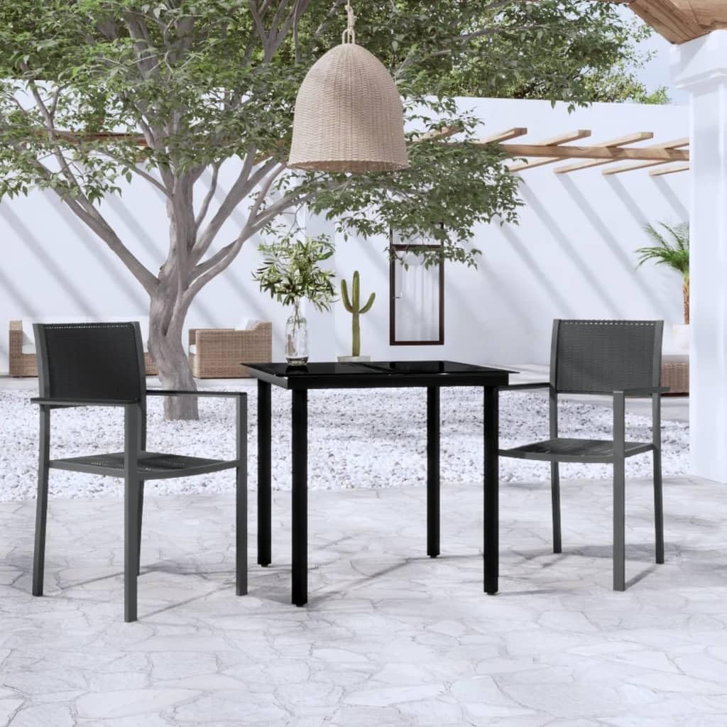 3 Piece Patio Dining Set Black,Rattan Look Patio Dining Set with Glass Top Table and PowderCoated Steel Construction Furniture Sets for Patio, Lawn & Garden