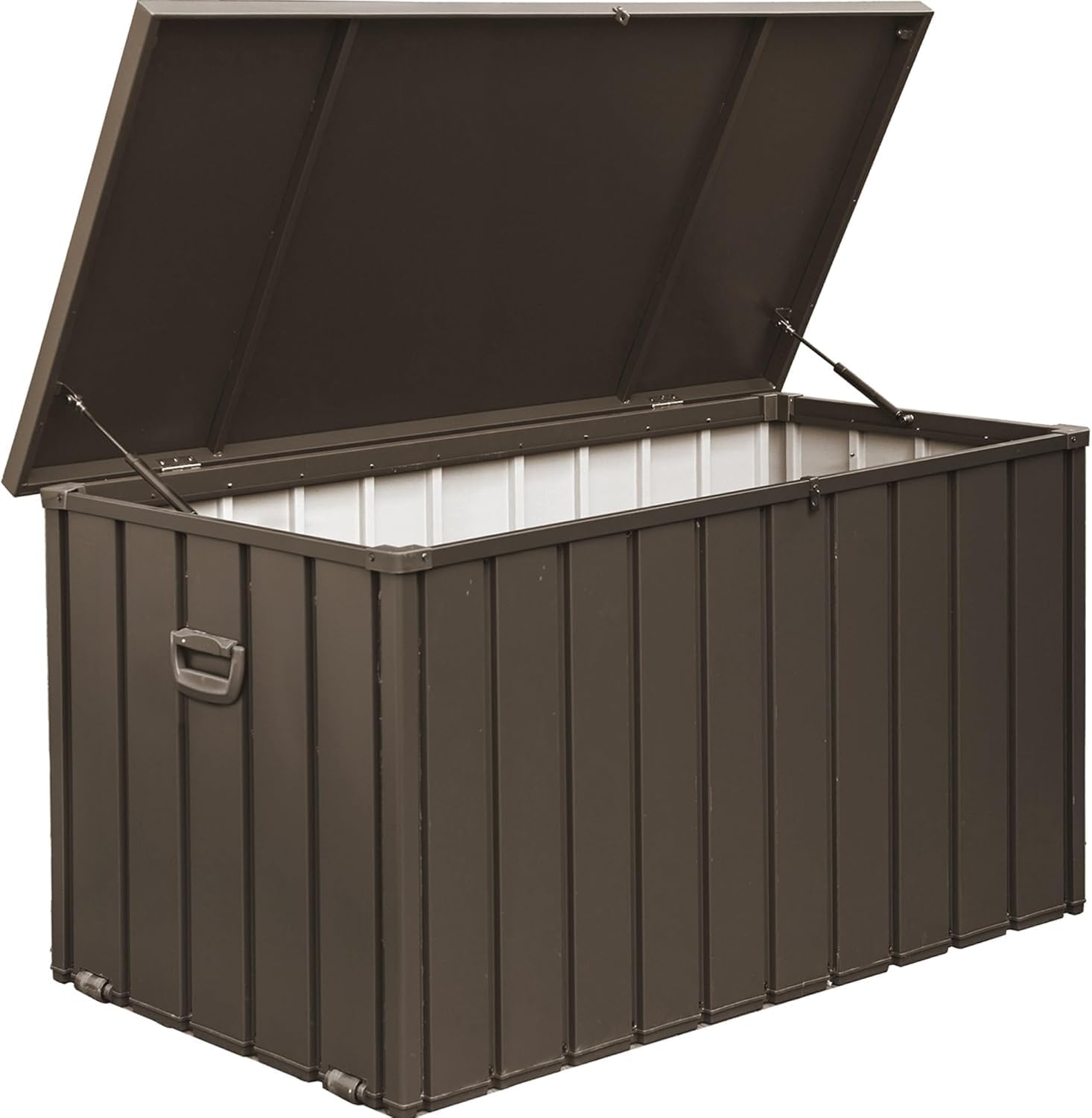 120 Gallon Outdoor Deck Box Lockable Metal Indoor Outdoor Storage Container with Side Handle, Waterproof Storage Box with Rolling Castors for Patio Garden Tools, Pools Equipment, Cushions, Brown