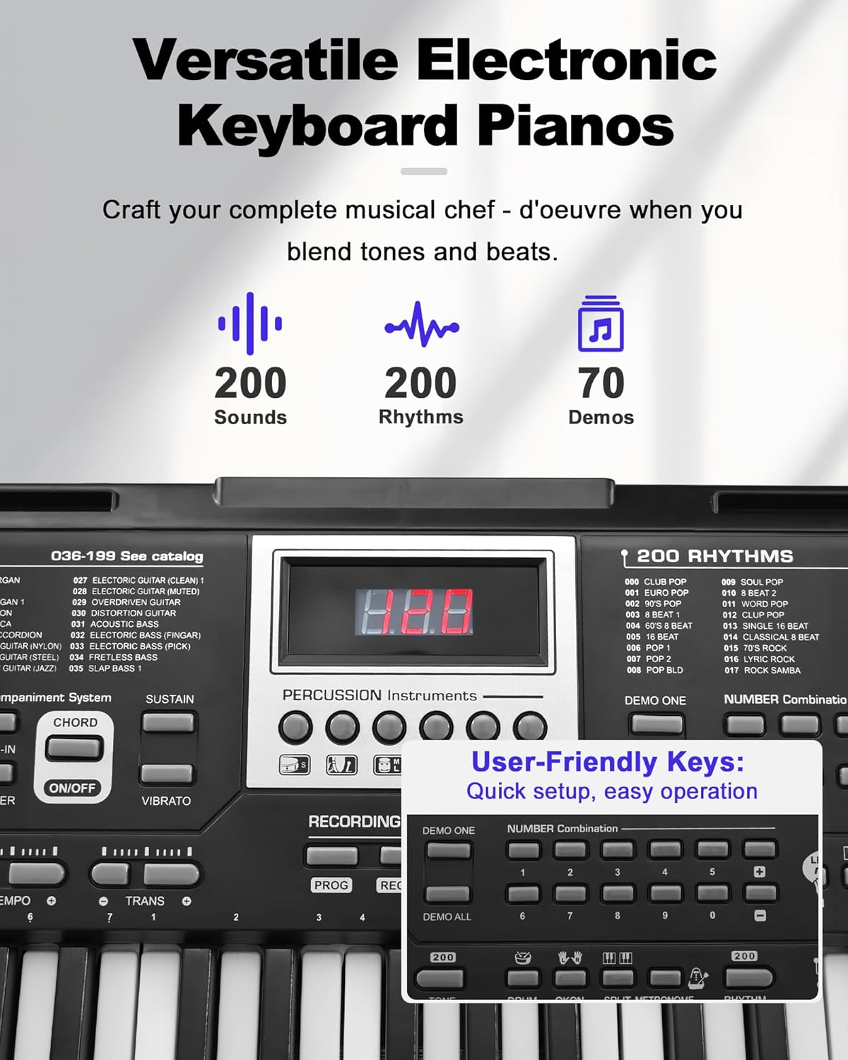 61 Key Electronic Piano Keyboard for Beginners, 200 Tones & Rhythms, with H Stand, Stool, Headphones, Microphone, Piano Note Stickers